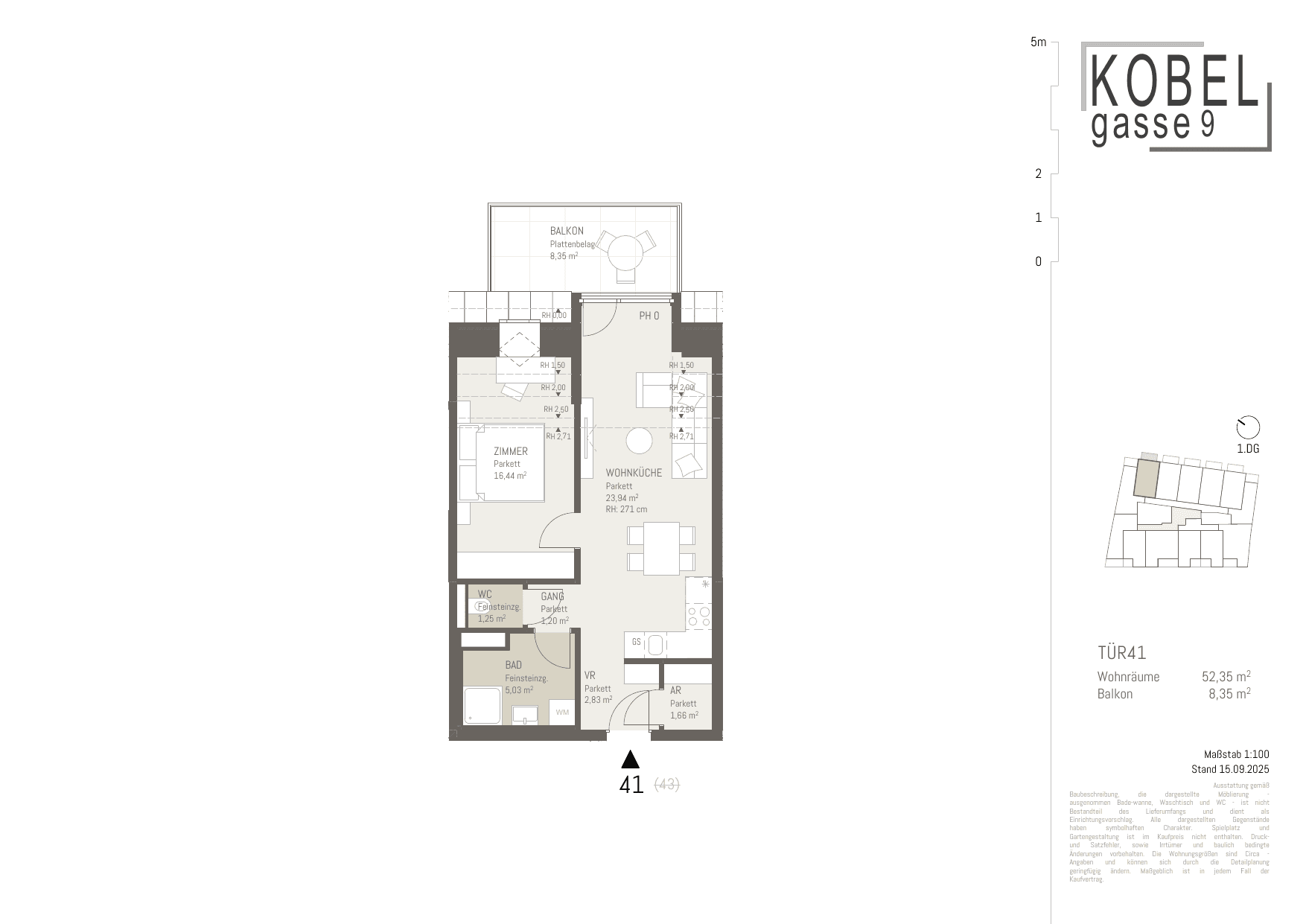 Grundriss Top 41 — Kobelgasse 9 — 2 Zimmer — 52,4 m² — 1st attic floor — NO — Grundriss 1/2