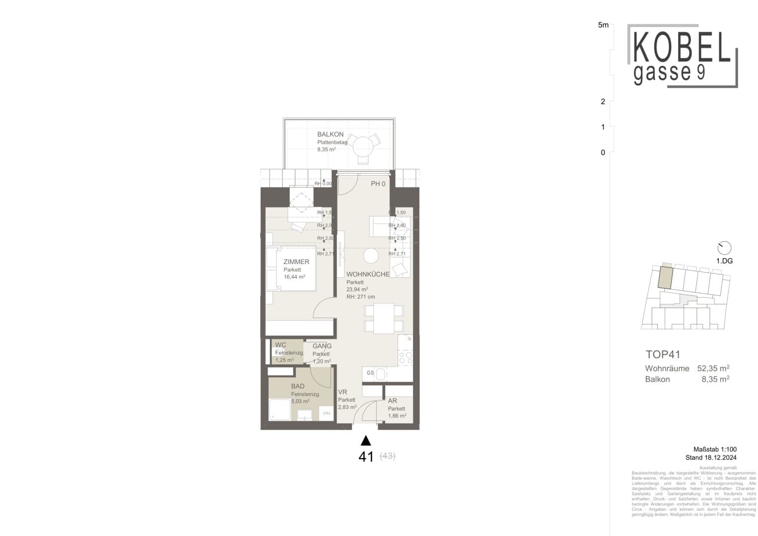 Grundriss Top 41 — Kobelgasse 9 — 2 Zimmer — 52,4 m² — 1st attic floor — NO — Grundriss 2/2