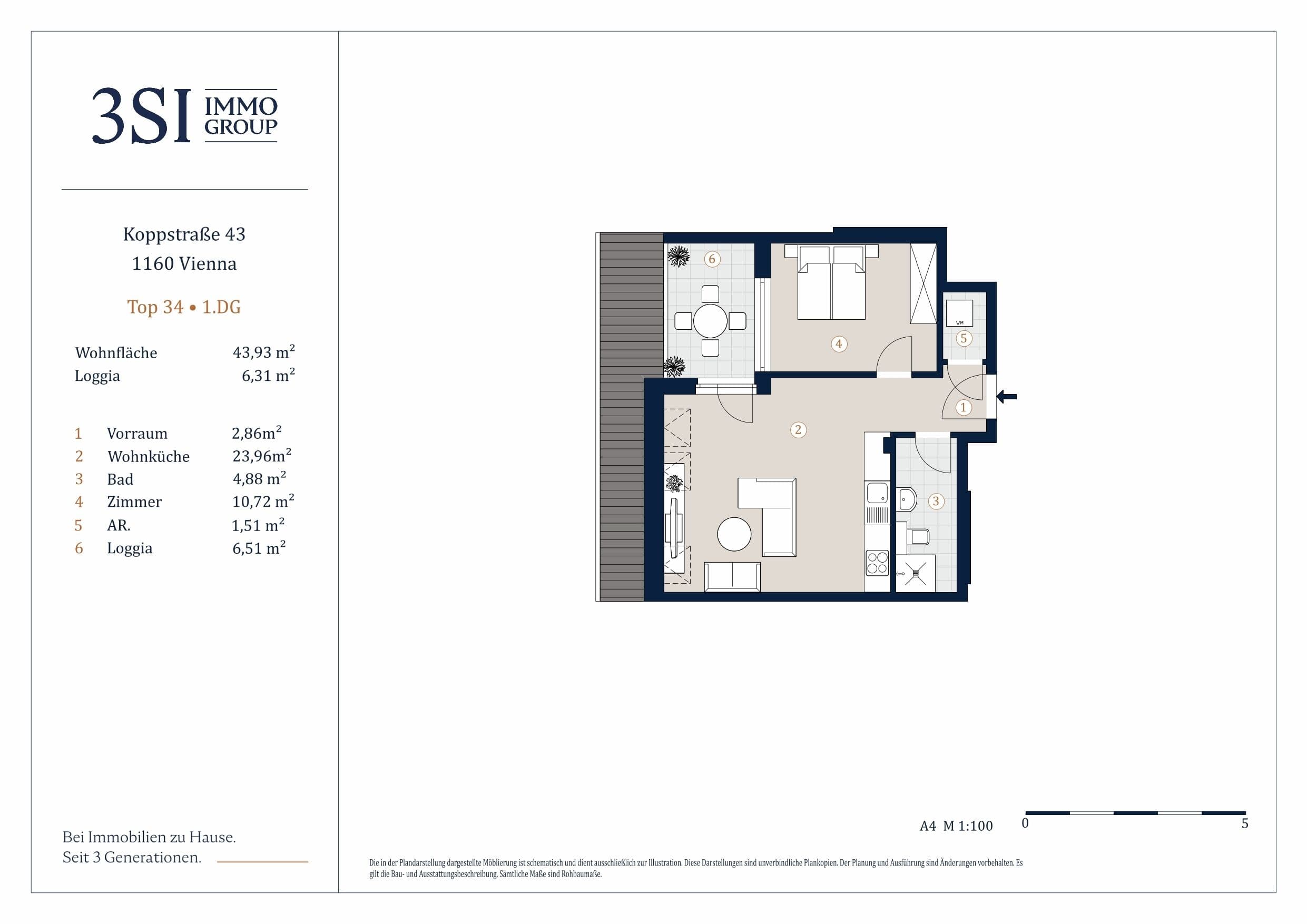 Grundriss Top 34 — Koppstraße 43 – Skyline Living — 2 Zimmer — 43,9 m² — 1st attic floor — Ost