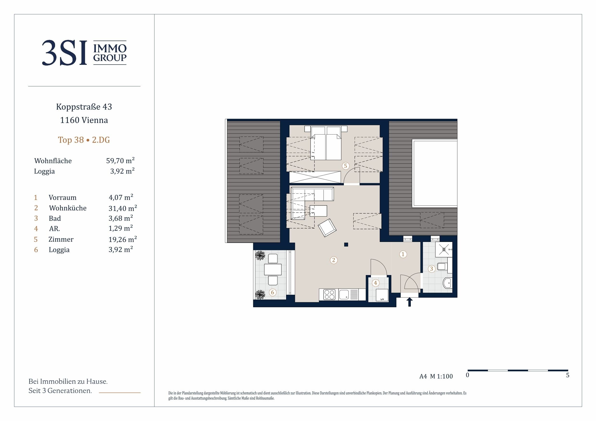 Grundriss Top 38 — Koppstraße 43 – Skyline Living — 2 Zimmer — 59,7 m² — 2nd attic floor — Ost