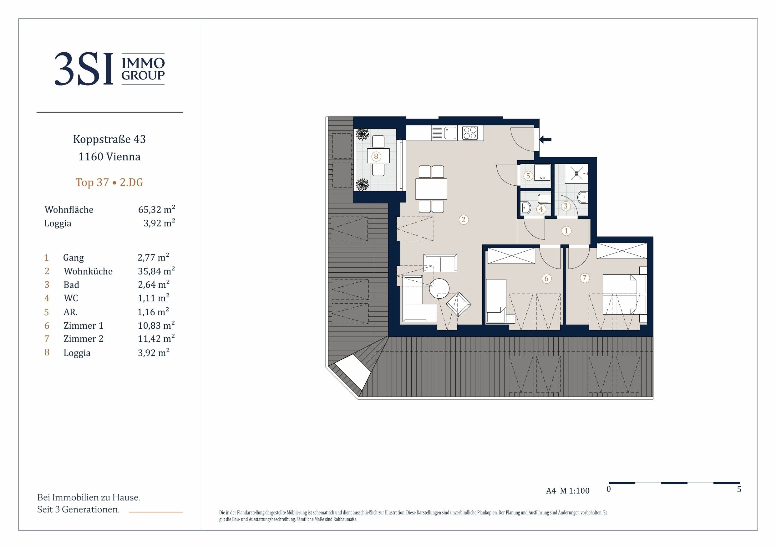 Grundriss Top 37 — Koppstraße 43 – Skyline Living — 3 Zimmer — 65,3 m² — 2nd attic floor — Nordost