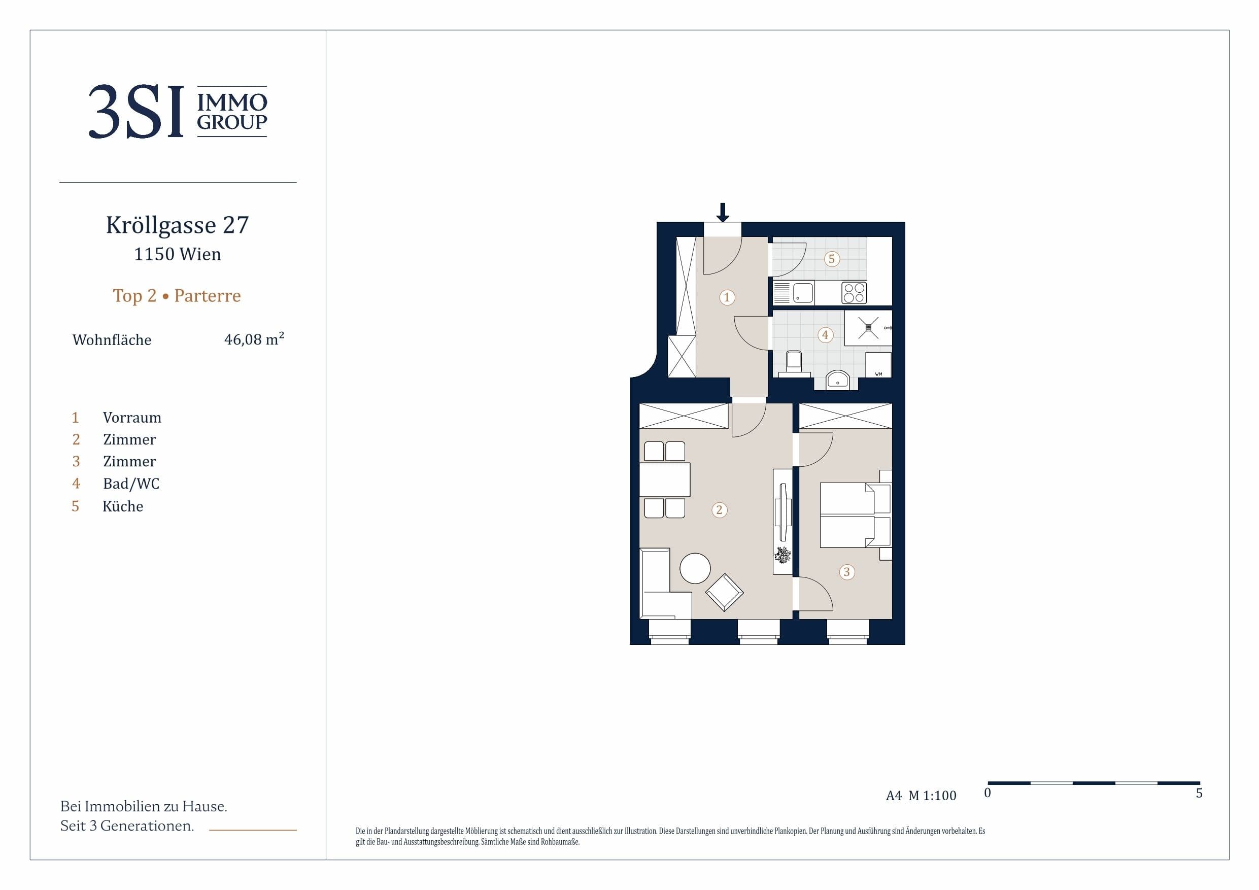 Grundriss Top 2 — Kröllgasse 27 — 2 Zimmer — 46,1 m² — Ground floor