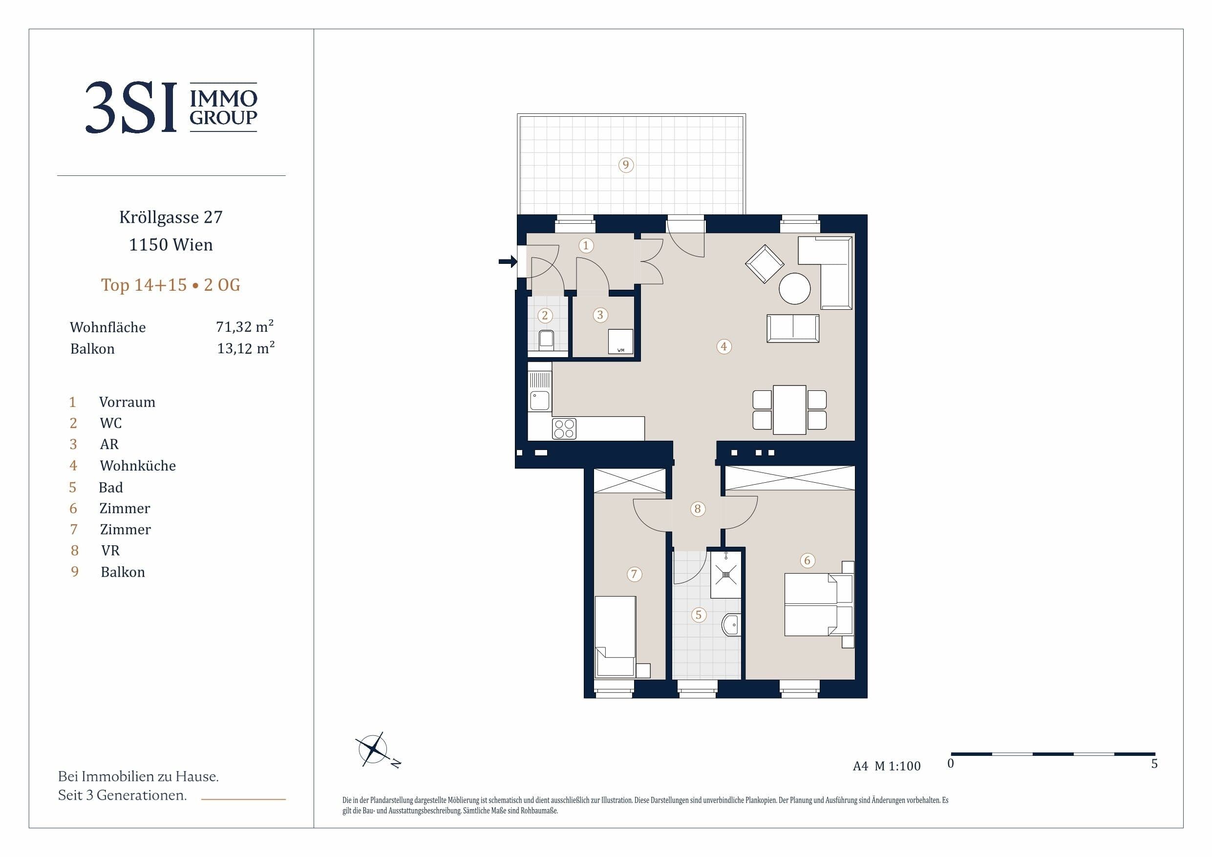 Grundriss Top 14-15 — Kröllgasse 27 — 3 Zimmer — 71,3 m² — 2nd floor — Grundriss 1/2