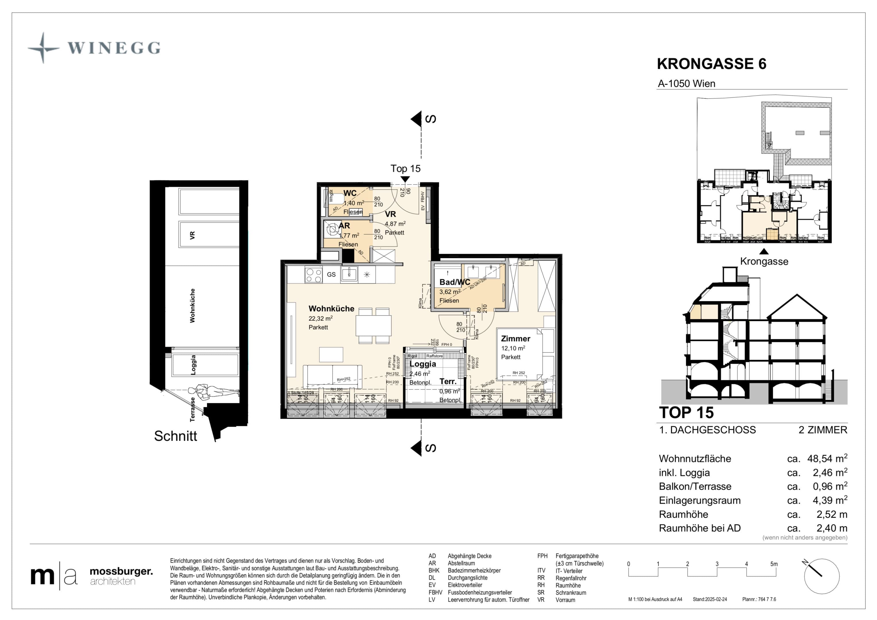 Grundriss Top 15 — Krongasse 6 — 2 Zimmer — 46,1 m² — 1st attic floor