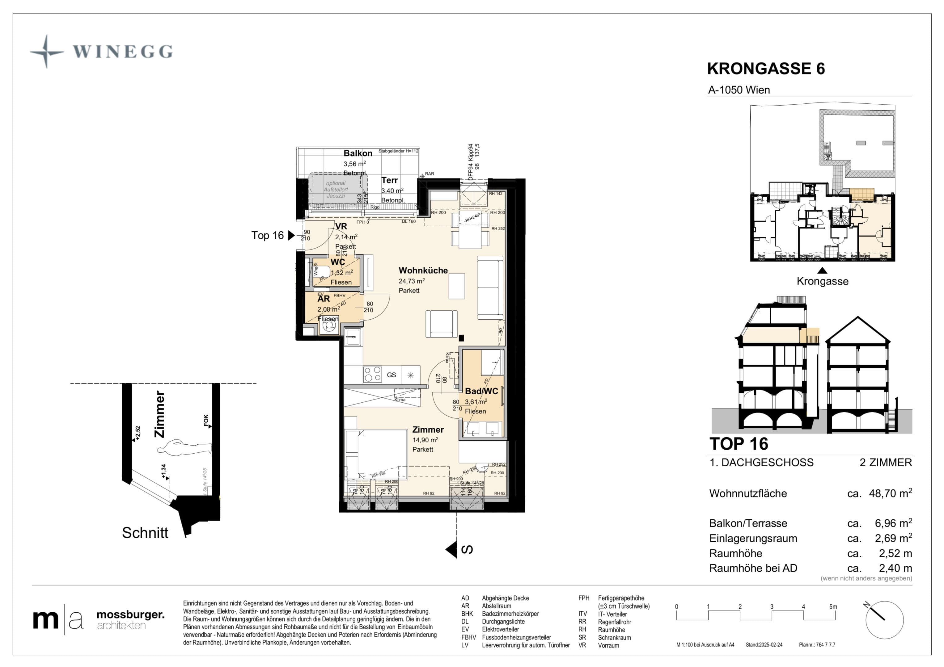 Grundriss Top 16 — Krongasse 6 — 2 Zimmer — 48,9 m² — 1st attic floor