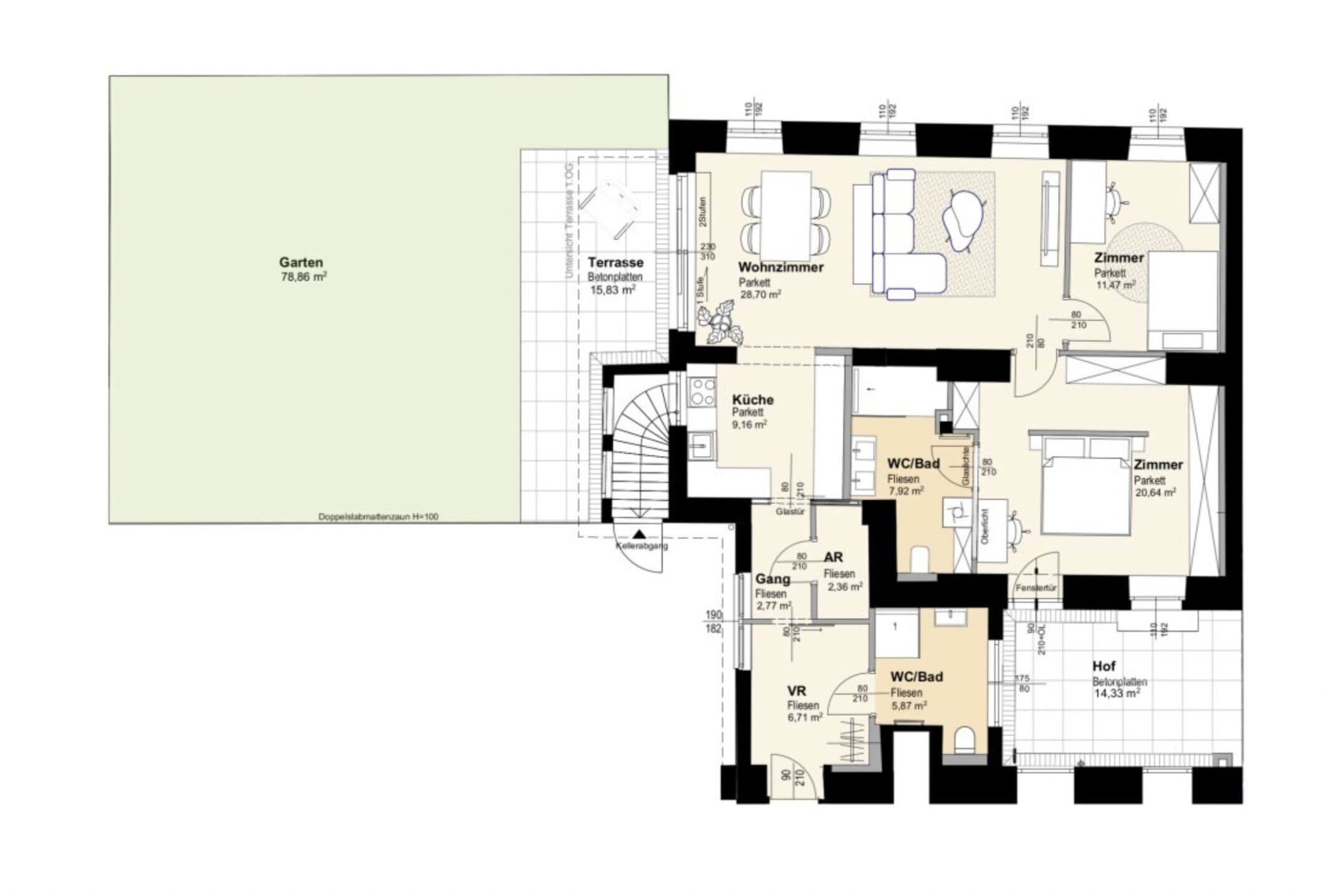 Grundriss Top 4 — Krongasse 6 — 3 Zimmer — 96,8 m² — Ground floor