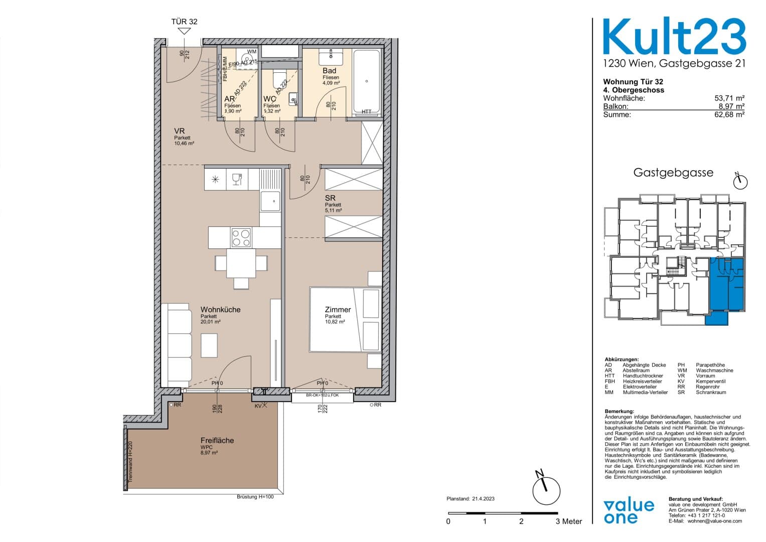 Grundriss Top 32 — Kult23 — 2 Zimmer — 53,7 m² — 4th floor