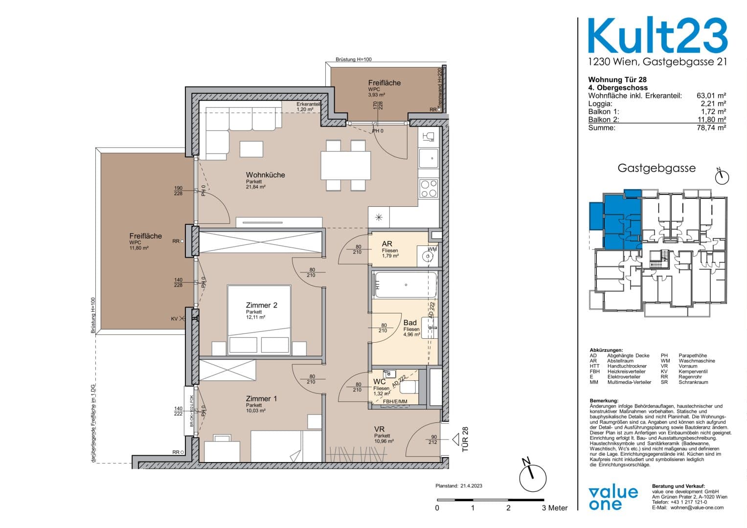 Grundriss Top 28 — Kult23 — 3 Zimmer — 63 m² — 4th floor