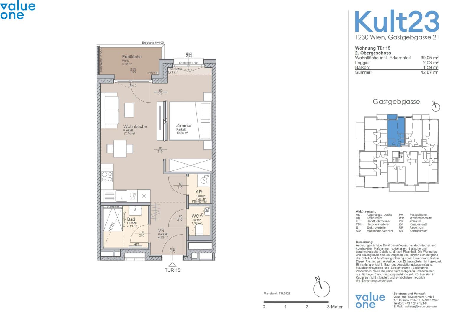 Grundriss Top 15 — Kult23 — 2 Zimmer — 39,1 m² — 2nd floor