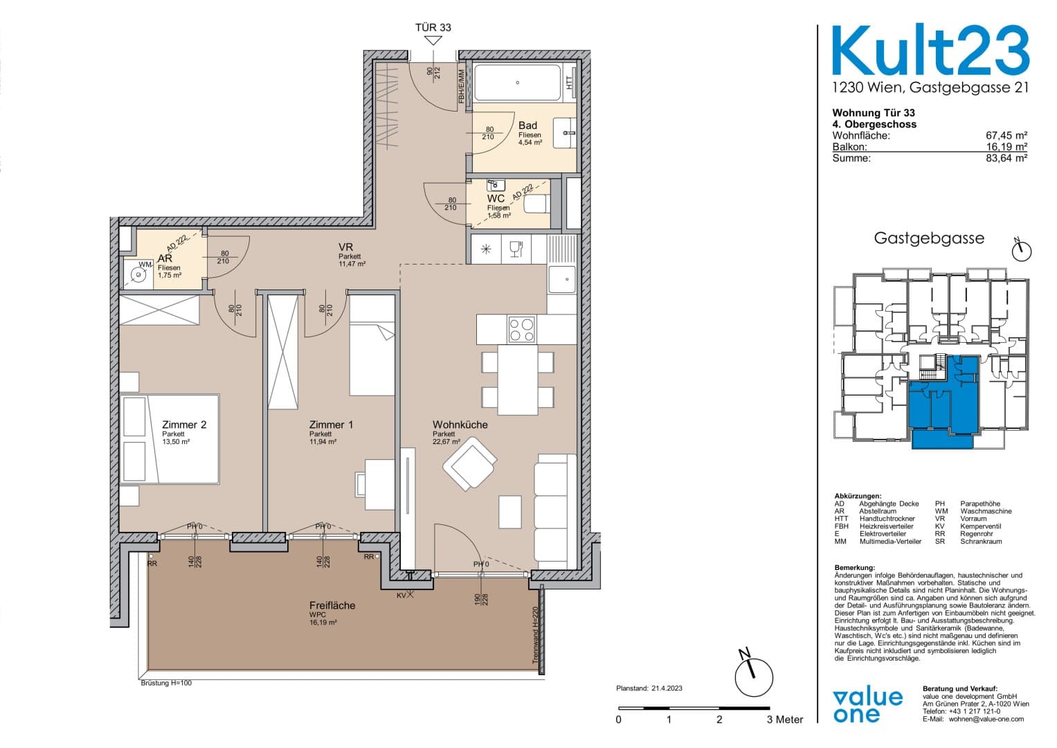 Grundriss Top 33 — Kult23 — 3 Zimmer — 67,5 m² — 4th floor