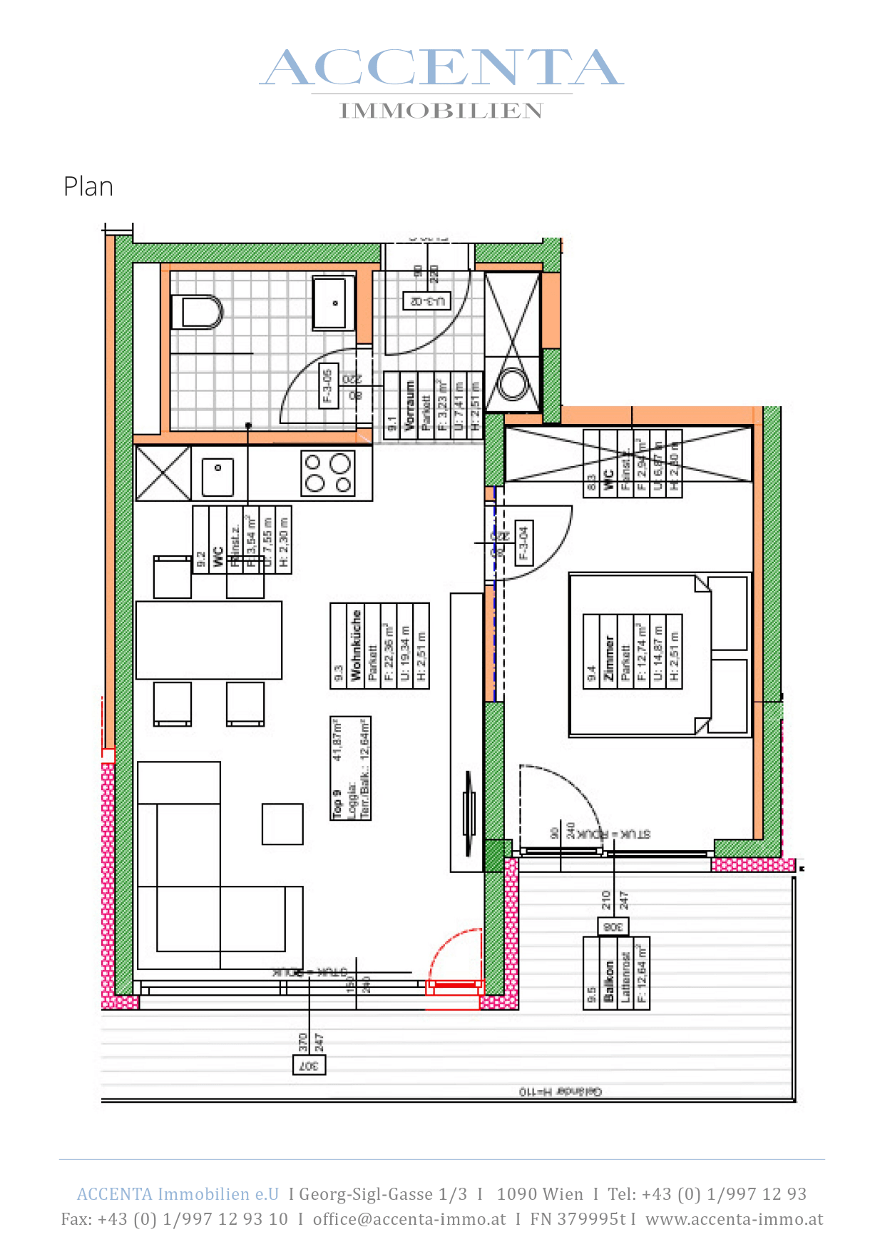 Grundriss Top 09 — Lacknergasse 31 — 2 Zimmer — 41,9 m² — 3rd floor