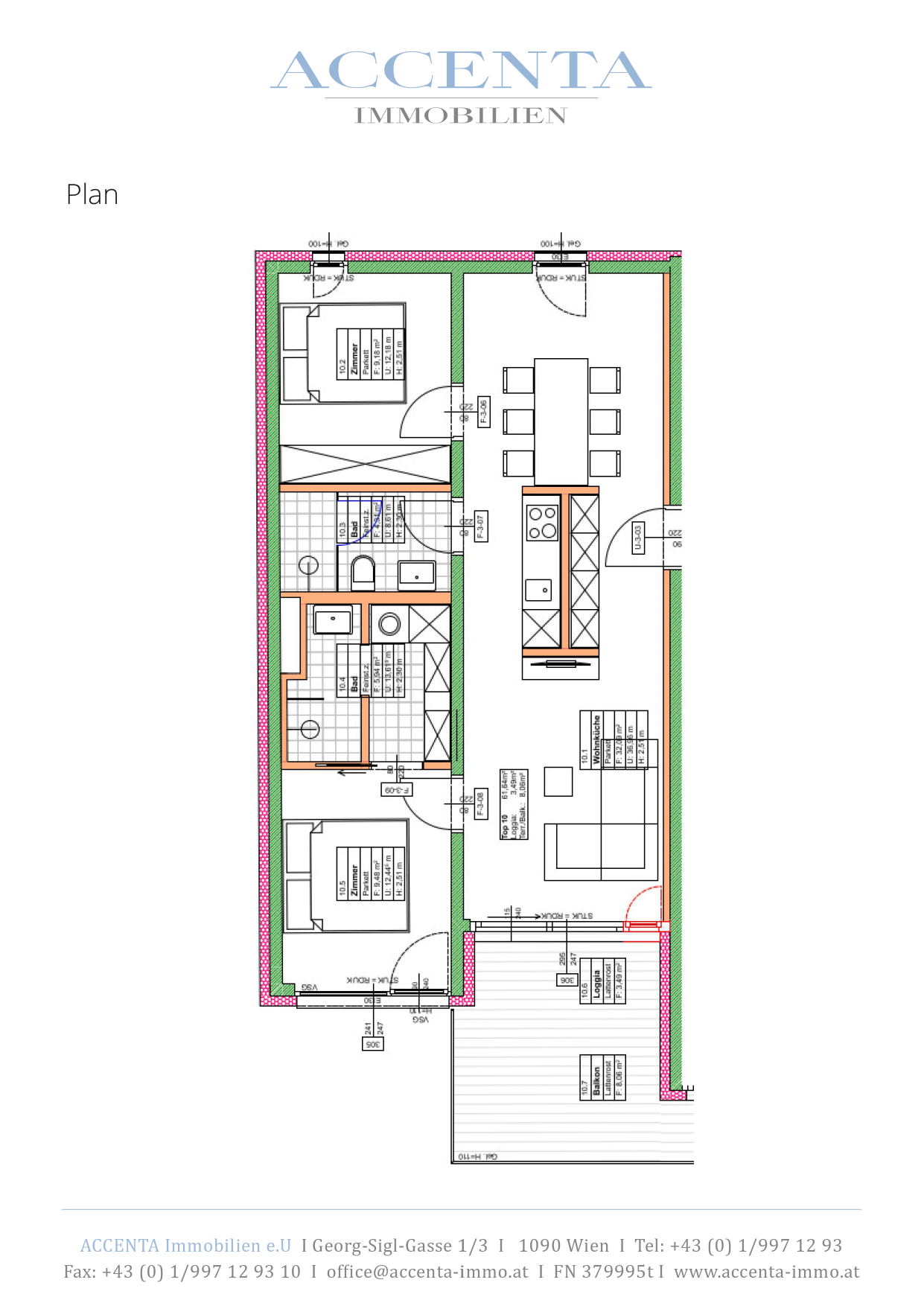 Grundriss Top 10 — Lacknergasse 31 — 3 Zimmer — 61,6 m² — 3rd floor