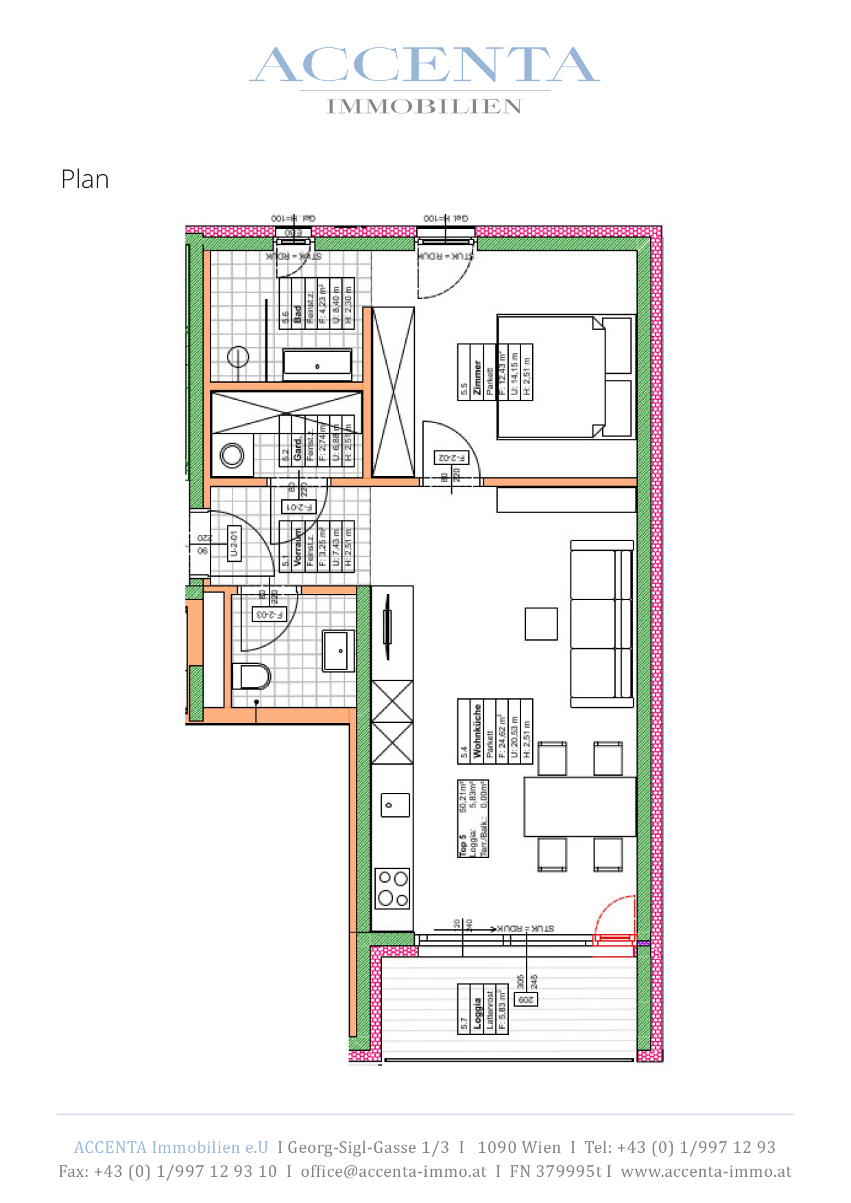 Grundriss Top 05 — Lacknergasse 31 — 2 Zimmer — 50,2 m² — 2nd floor