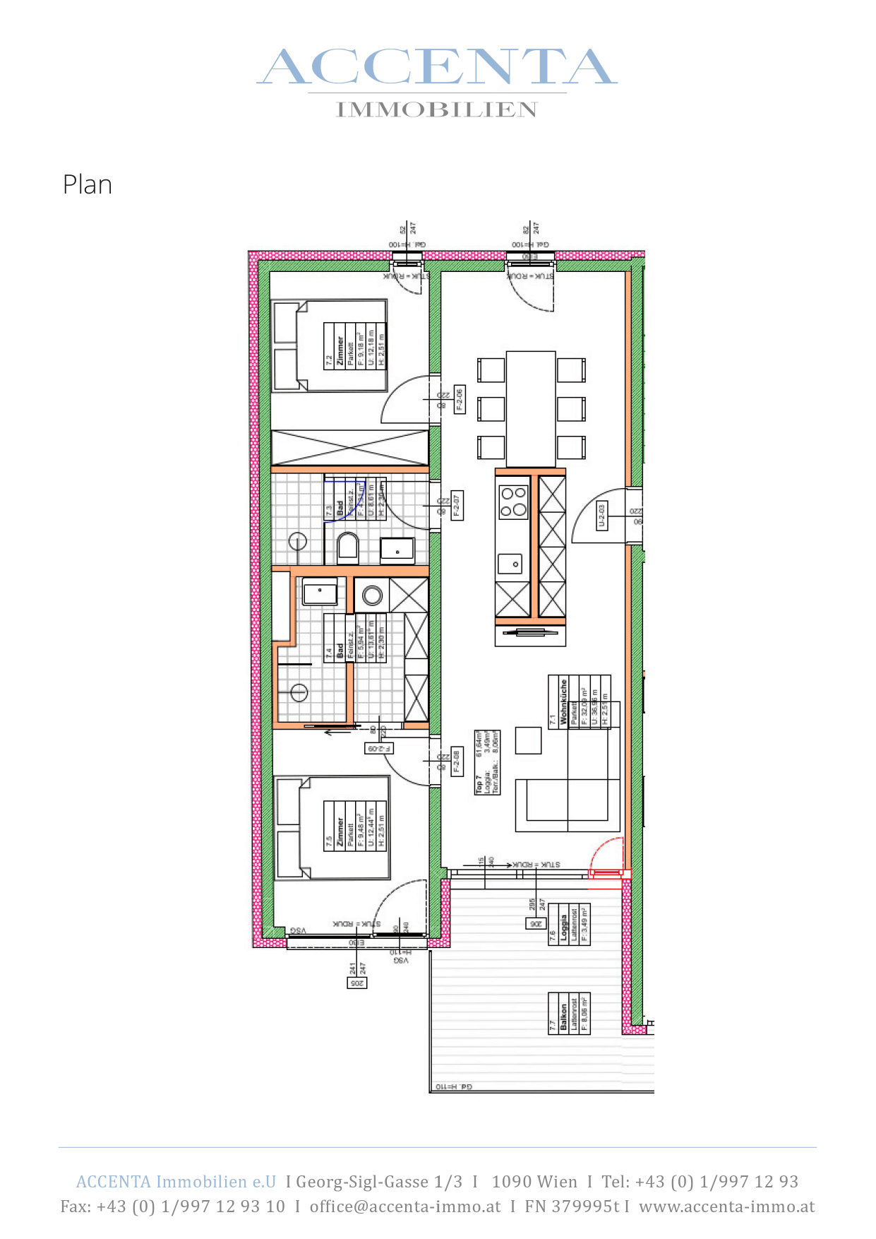 Grundriss Top 07 — Lacknergasse 31 — 3 Zimmer — 61,6 m² — 2nd floor