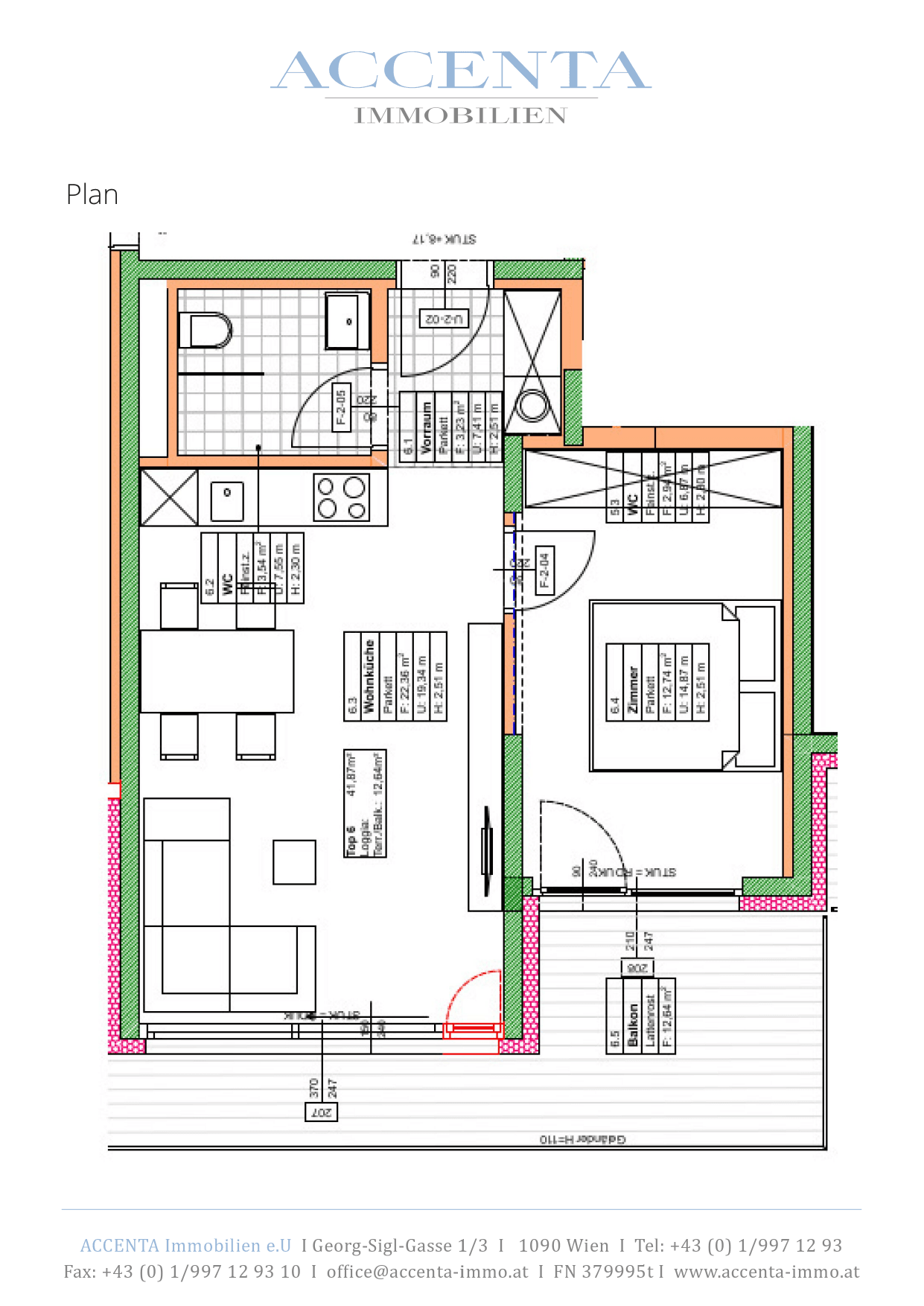 Grundriss Top 06 — Lacknergasse 31 — 2 Zimmer — 41,9 m² — 2nd floor