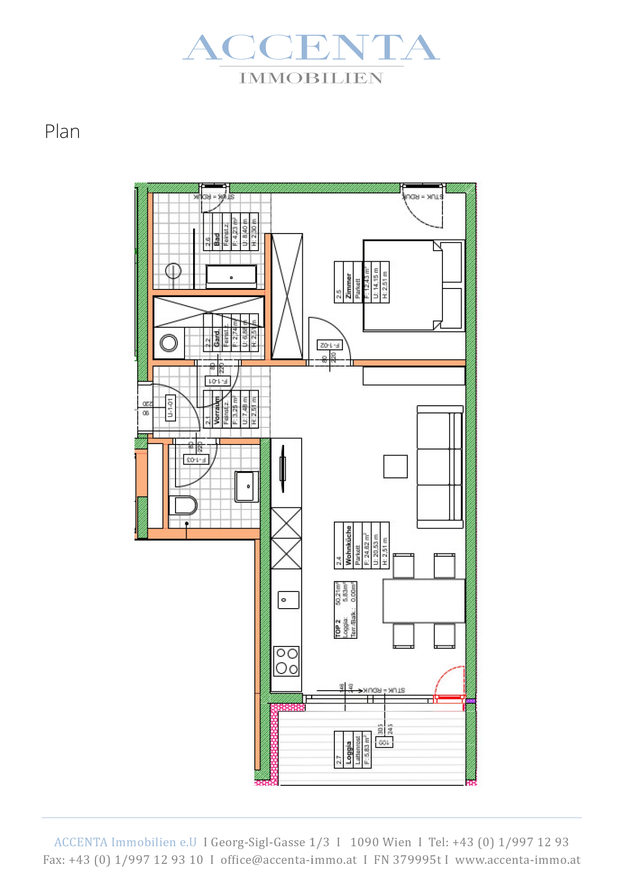 Grundriss Top 02 — Lacknergasse 31 — 2 Zimmer — 50,2 m² — 1st floor