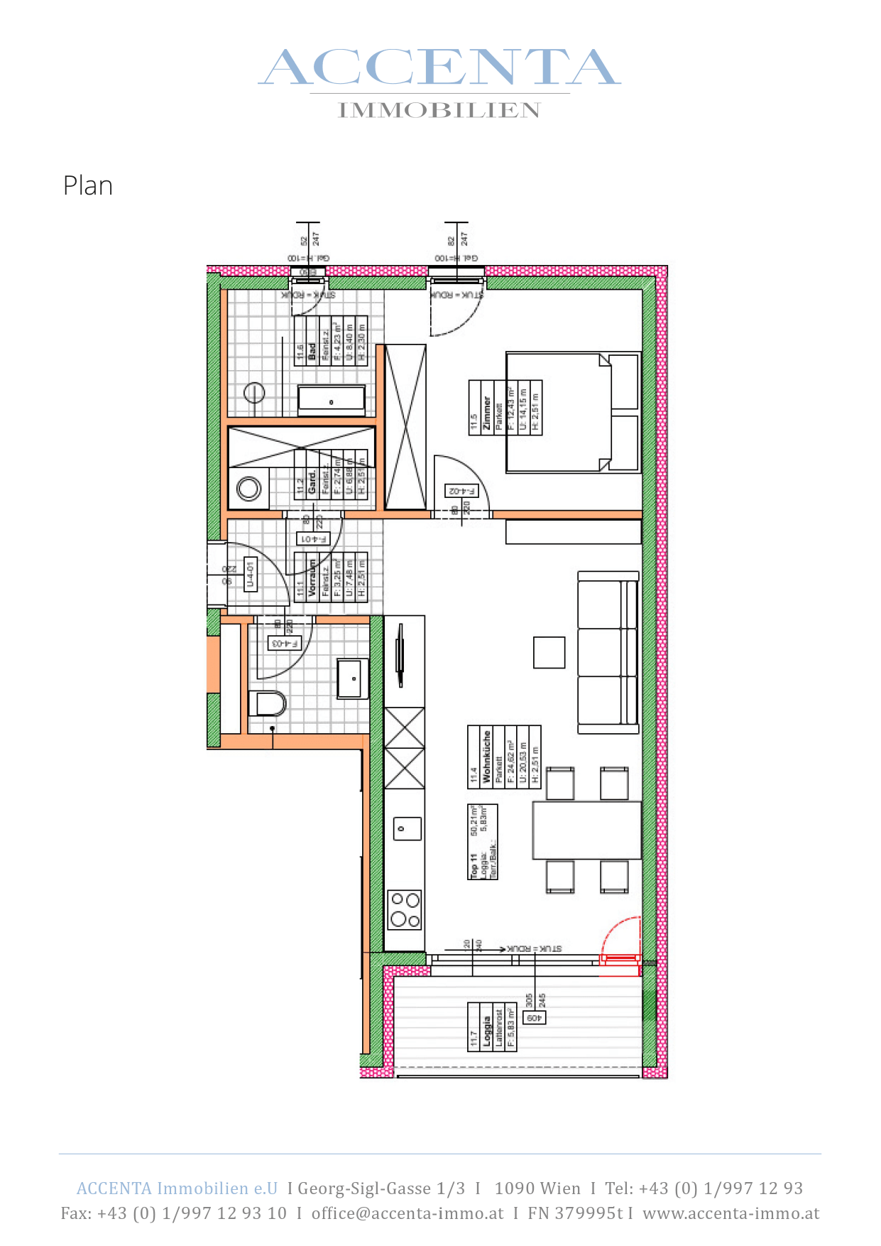 Grundriss Top 11 — Lacknergasse 31 — 2 Zimmer — 50,2 m² — 4th floor