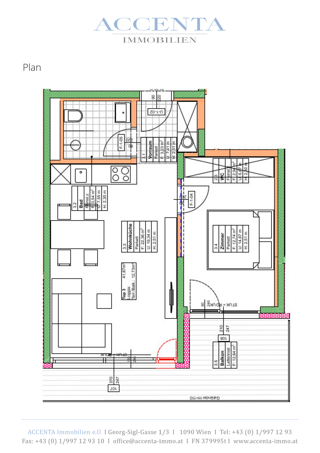 Grundriss Top 03 — Lacknergasse 31 — 2 Zimmer — 41,9 m² — 1st floor