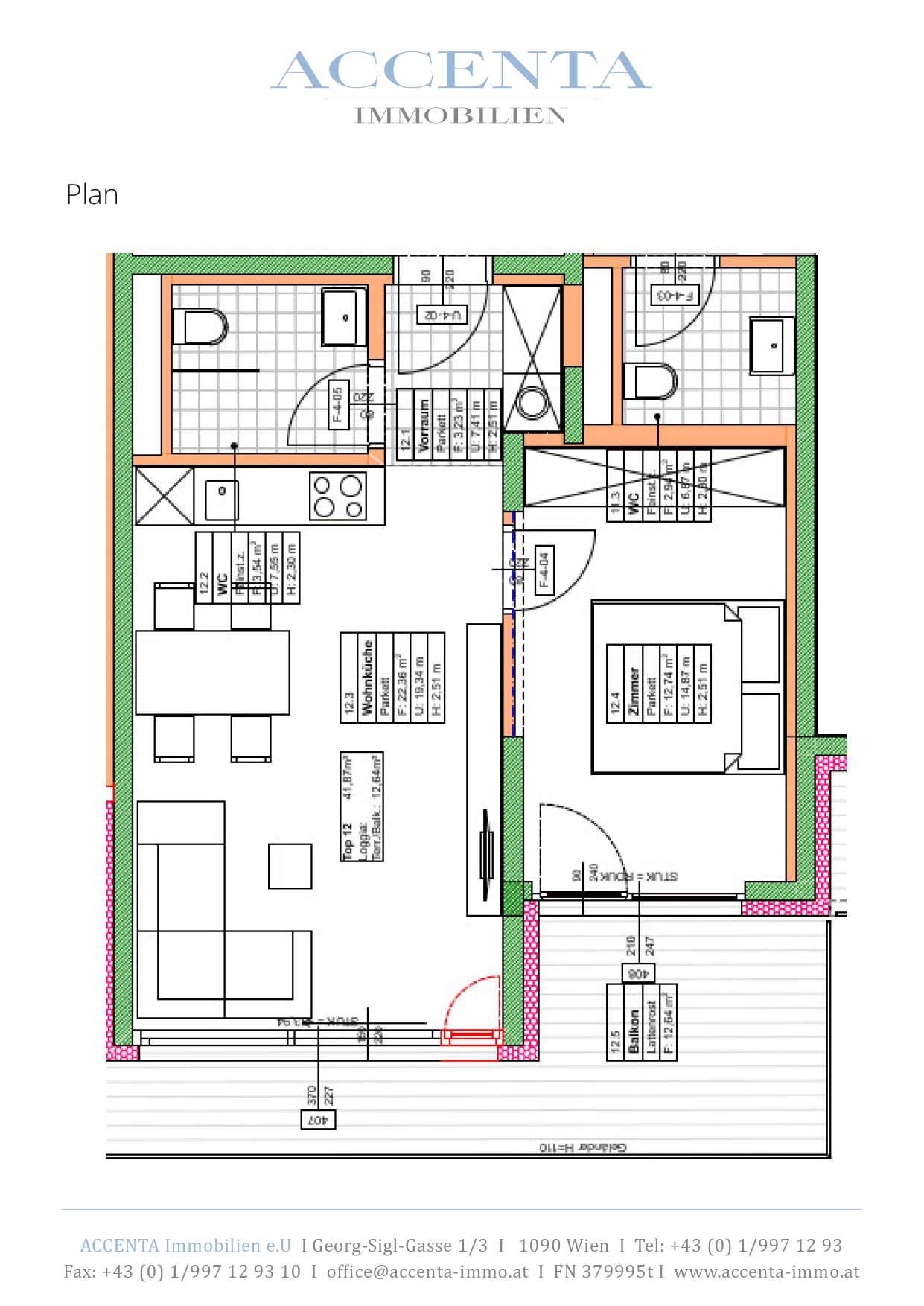 Grundriss Top 12 — Lacknergasse 31 — 2 Zimmer — 41,9 m² — 4th floor