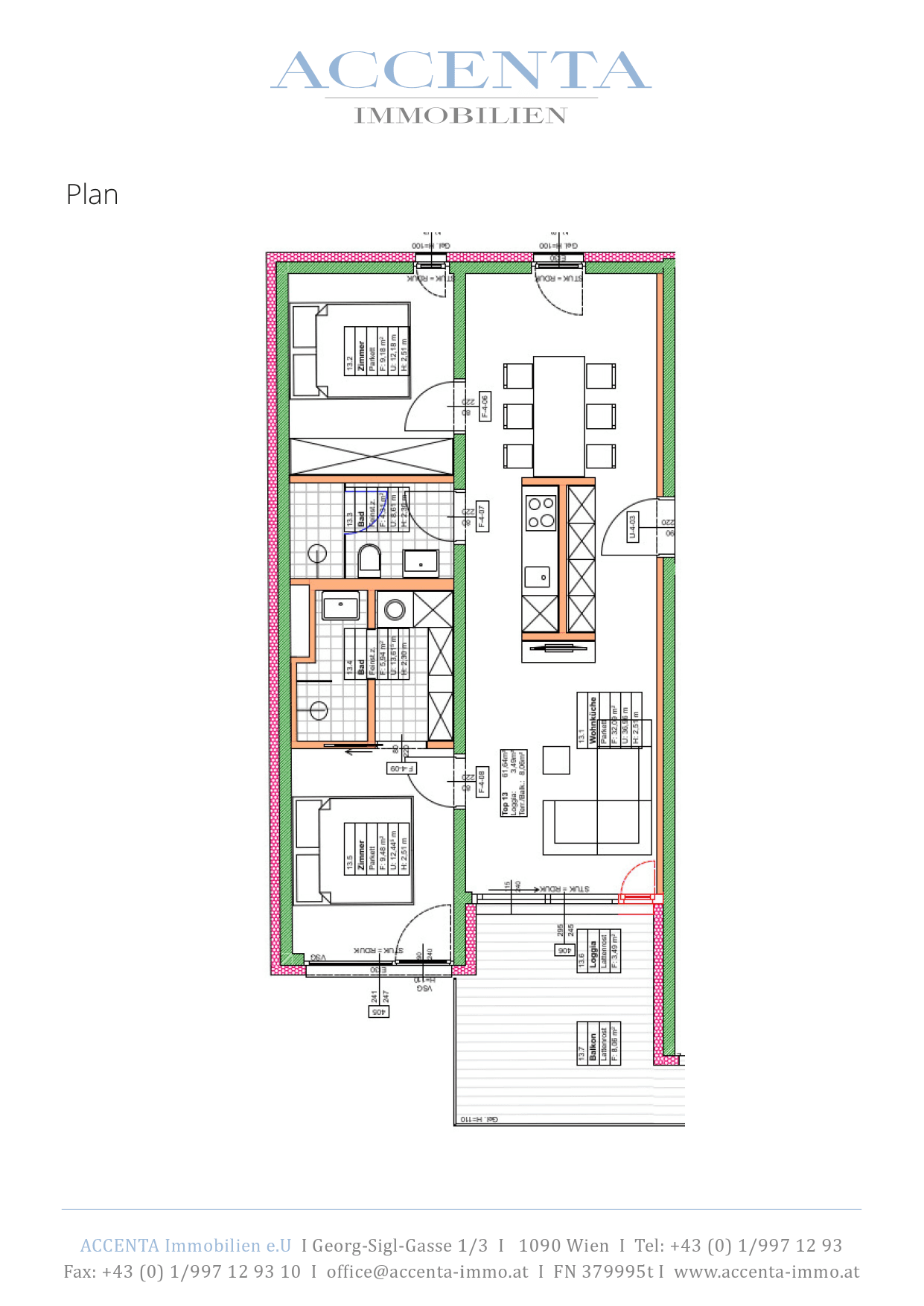 Grundriss Top 13 — Lacknergasse 31 — 3 Zimmer — 61,6 m² — 4th floor