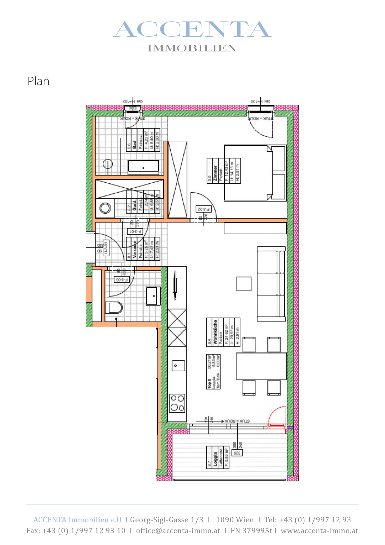 Grundriss Top 08 — Lacknergasse 31 — 2 Zimmer — 50,2 m² — 3rd floor