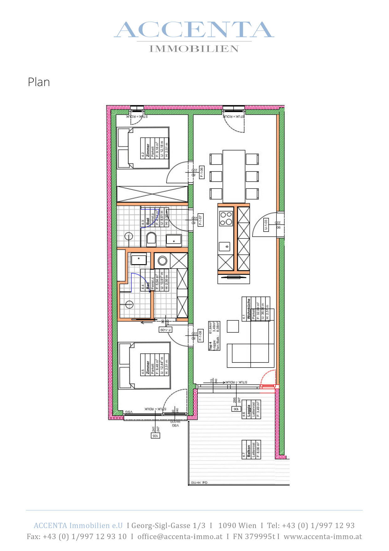Grundriss Top 04 — Lacknergasse 31 — 3 Zimmer — 61,6 m² — 1st floor