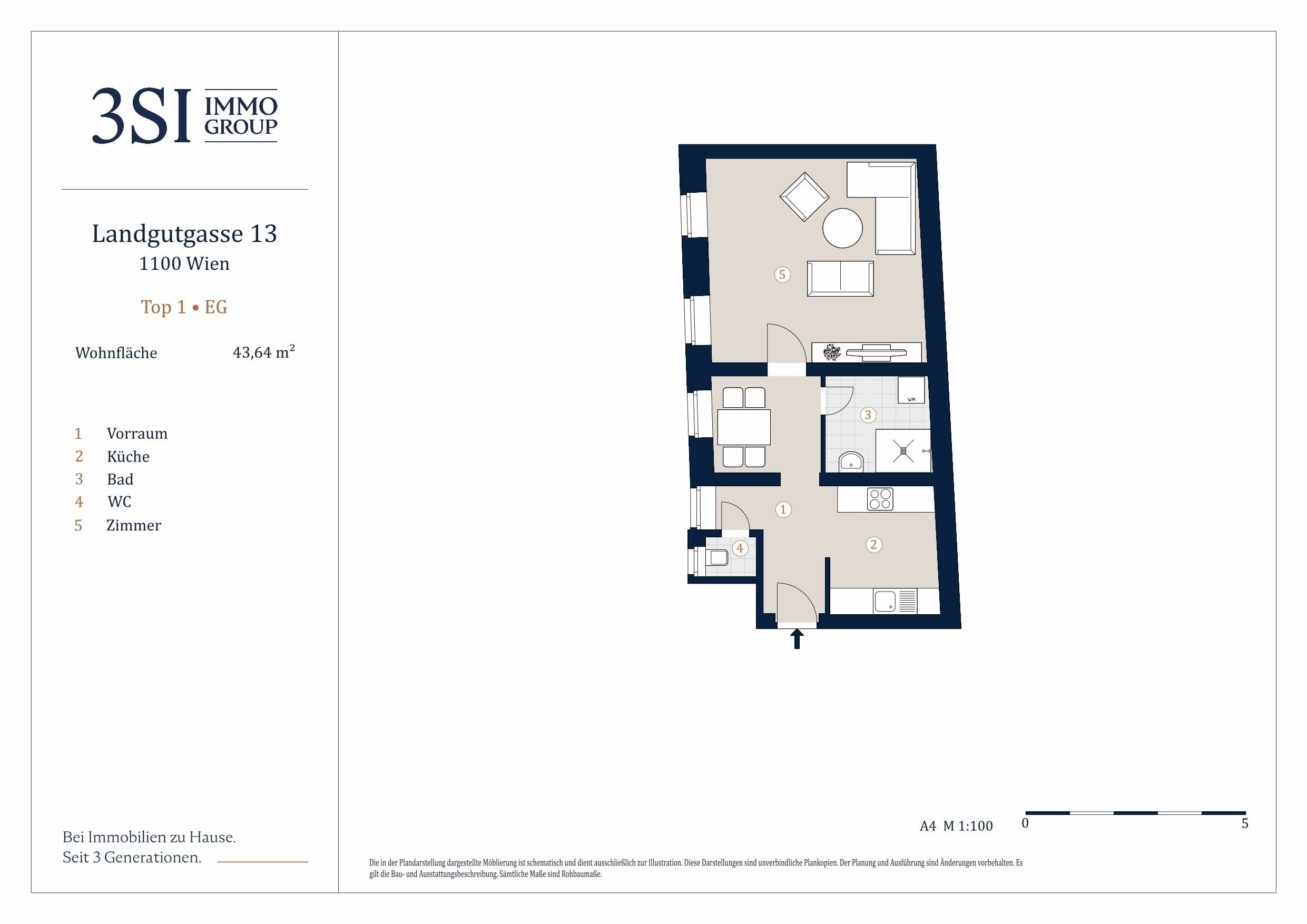 Grundriss Top 1 — Landgutgasse 13 — 1 Zimmer — 43,6 m² — Ground floor