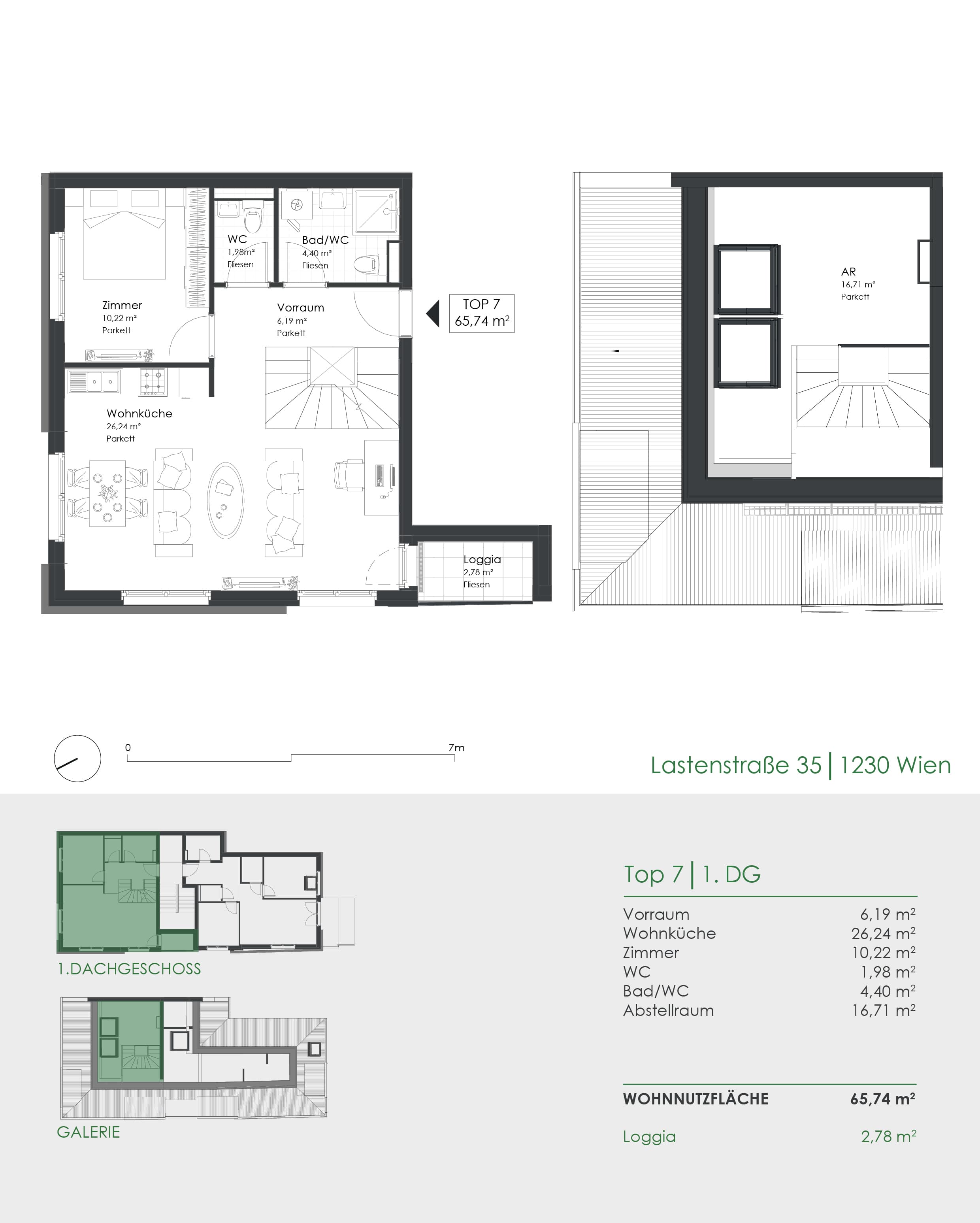 Grundriss Top 7 — Lastenstraße 35 — 2 Zimmer — 65,7 m² — Attic floor