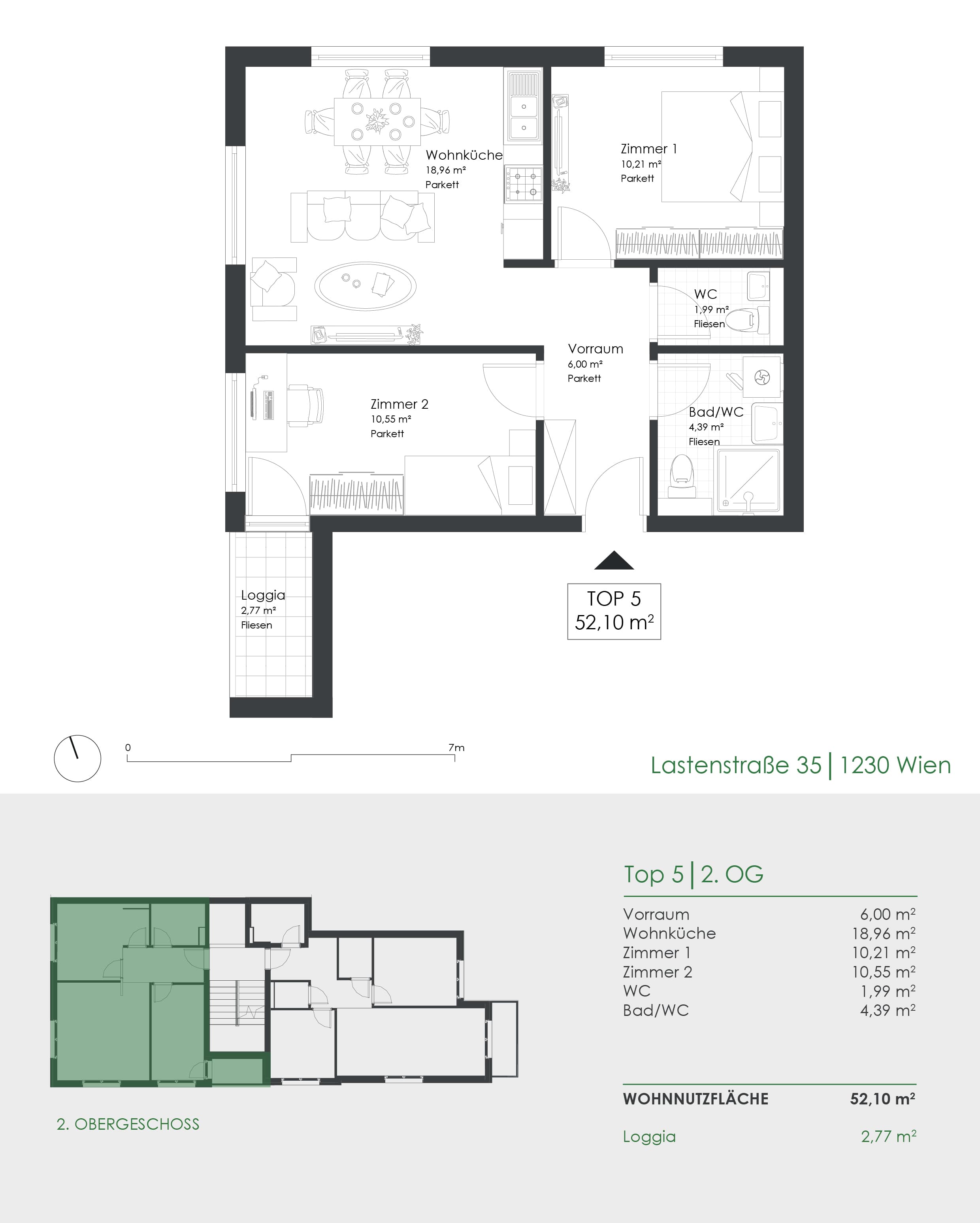 Grundriss Top 5 — Lastenstraße 35 — 3 Zimmer — 52,1 m² — 2nd floor