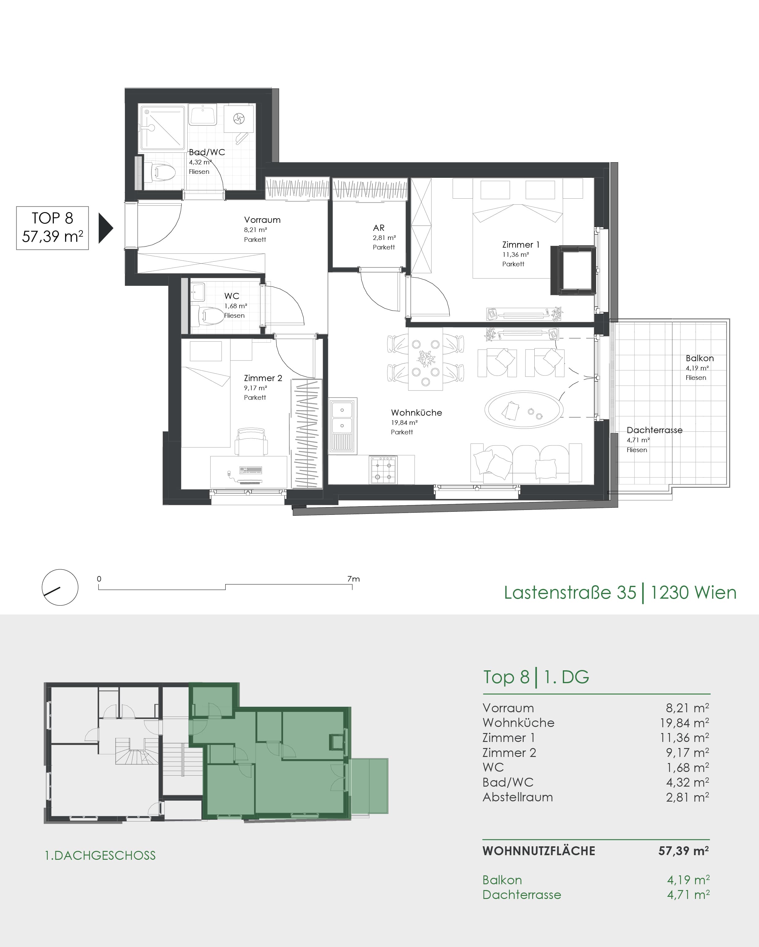 Grundriss Top 8 — Lastenstraße 35 — 3 Zimmer — 57,4 m² — Attic floor