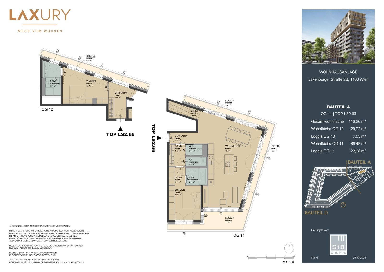 Grundriss Top LS2.66 — Laxury — 3 Zimmer — 116,4 m² — 10th floor / 11th floor