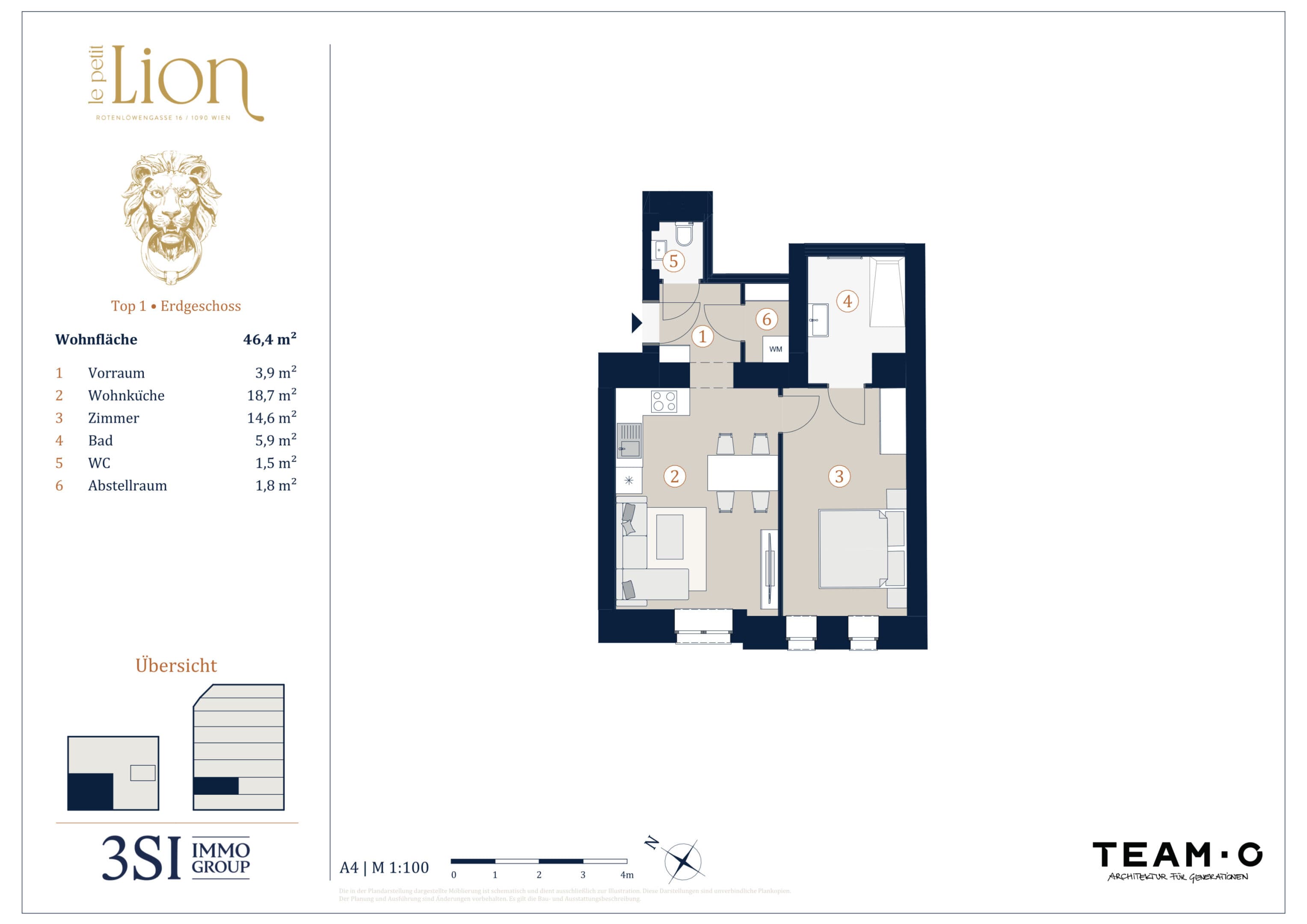 Grundriss Top 1 — Le Petit Lion — 2 Zimmer — 46,4 m² — Ground floor