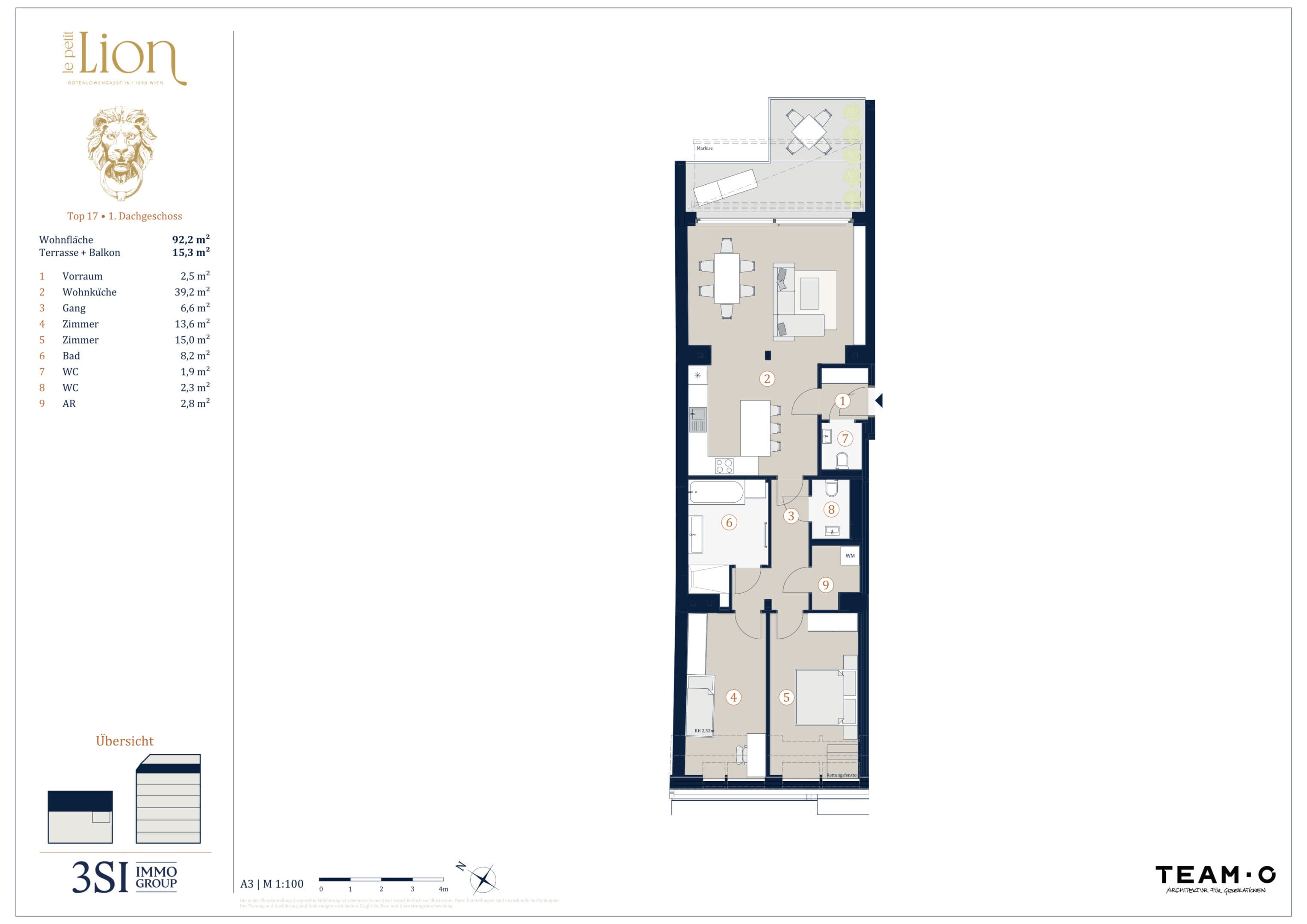 Grundriss Top 17 — Le Petit Lion — 3 Zimmer — 92,2 m² — 1st attic floor