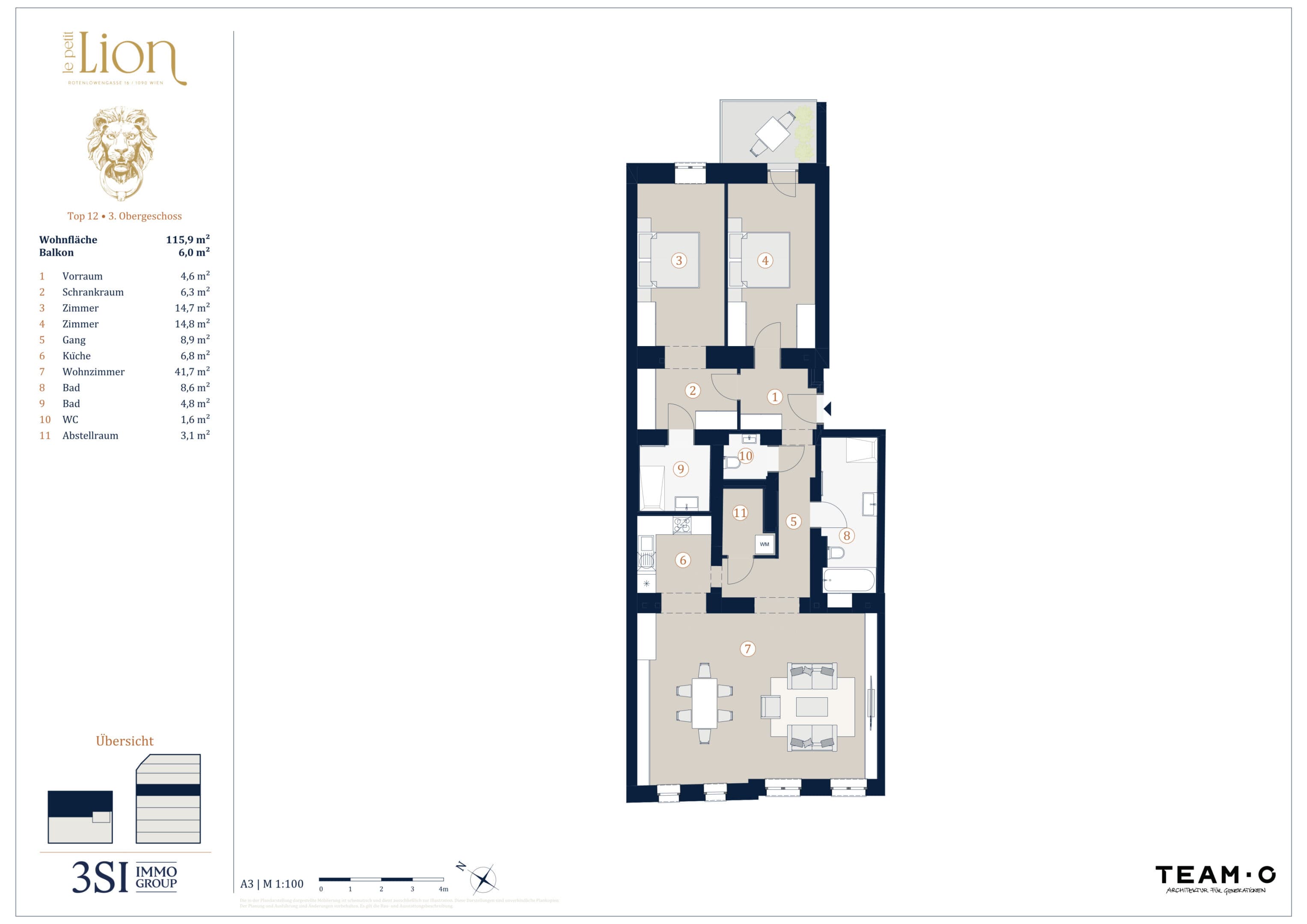 Grundriss Top 12 — Le Petit Lion — 3 Zimmer — 115,9 m² — 3rd floor