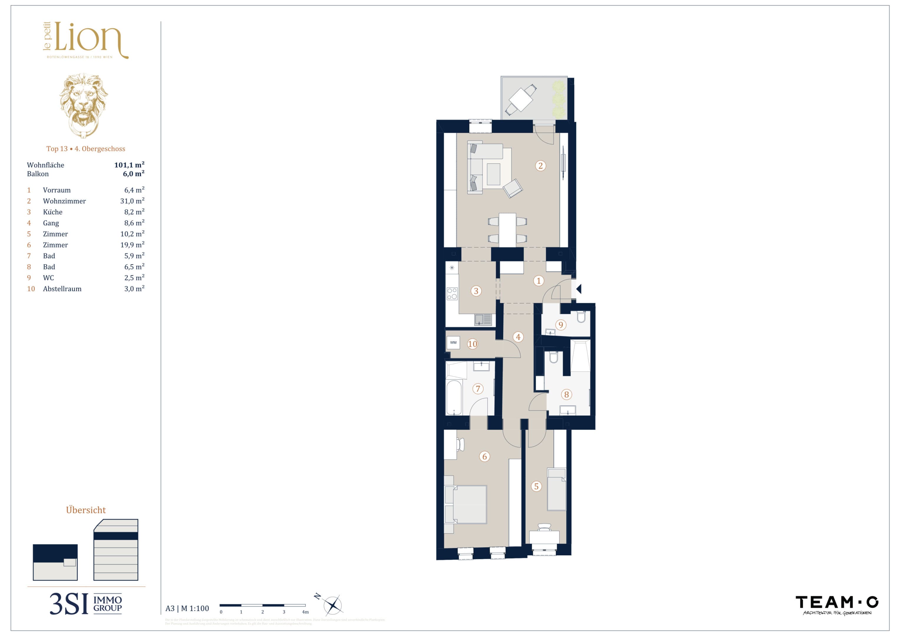 Grundriss Top 13 — Le Petit Lion — 3 Zimmer — 101,1 m² — 4th floor