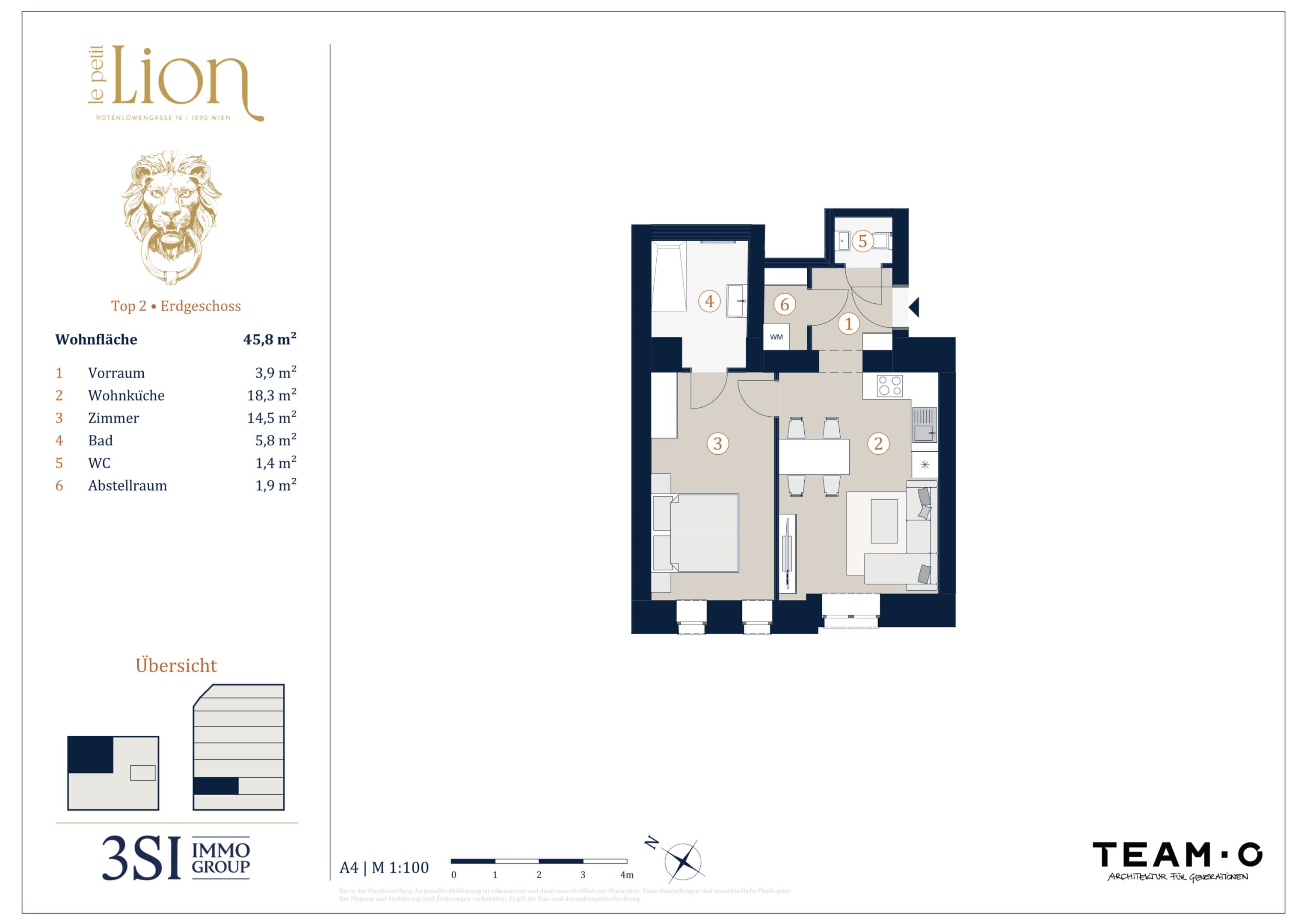 Grundriss Top 2 — Le Petit Lion — 2 Zimmer — 45,8 m² — Ground floor