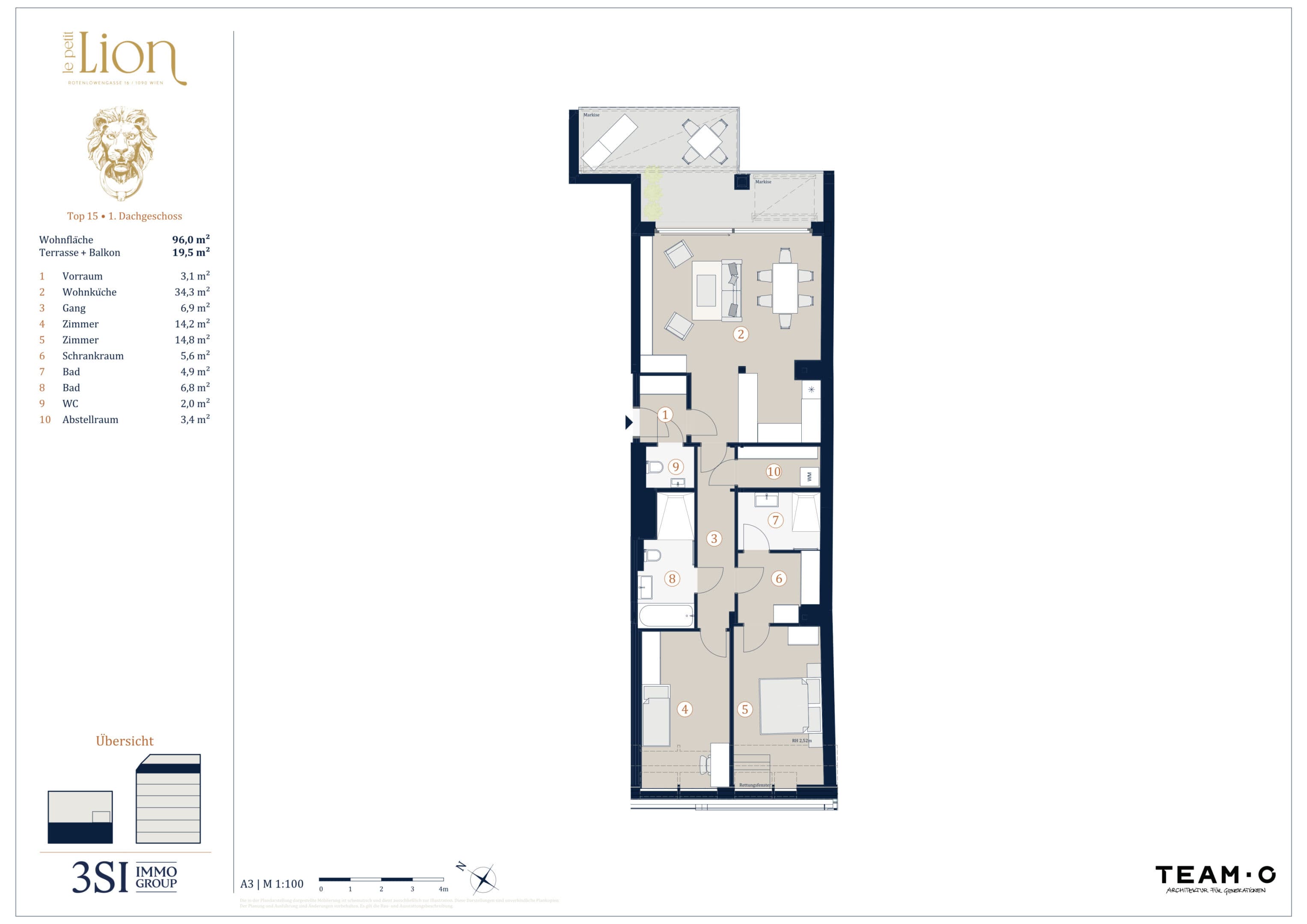Grundriss Top 15 — Le Petit Lion — 3 Zimmer — 96 m² — 1st attic floor