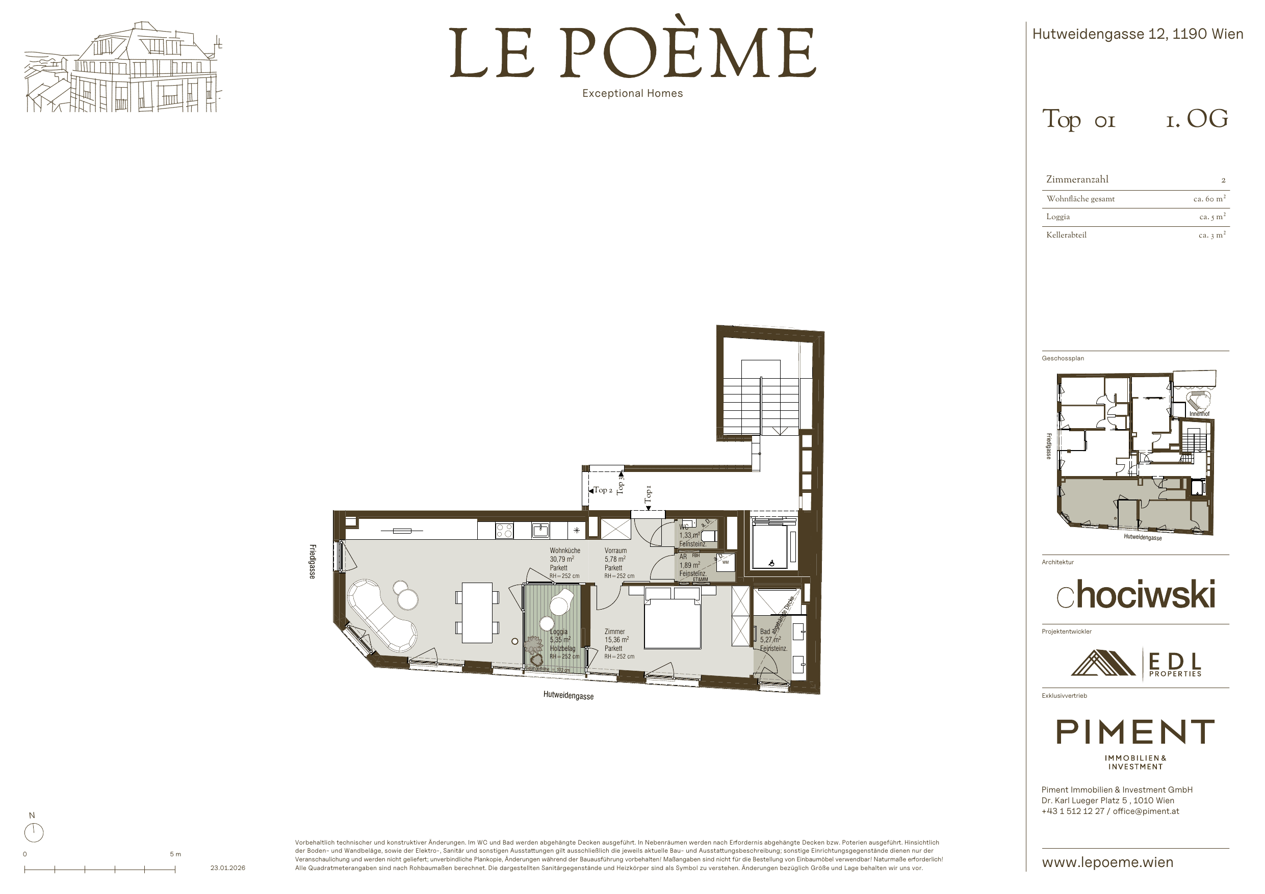 Grundriss Top 1 — Le Poème — 2 Zimmer — 60 m² — 1st floor — Loggia ca. 5.0 m²