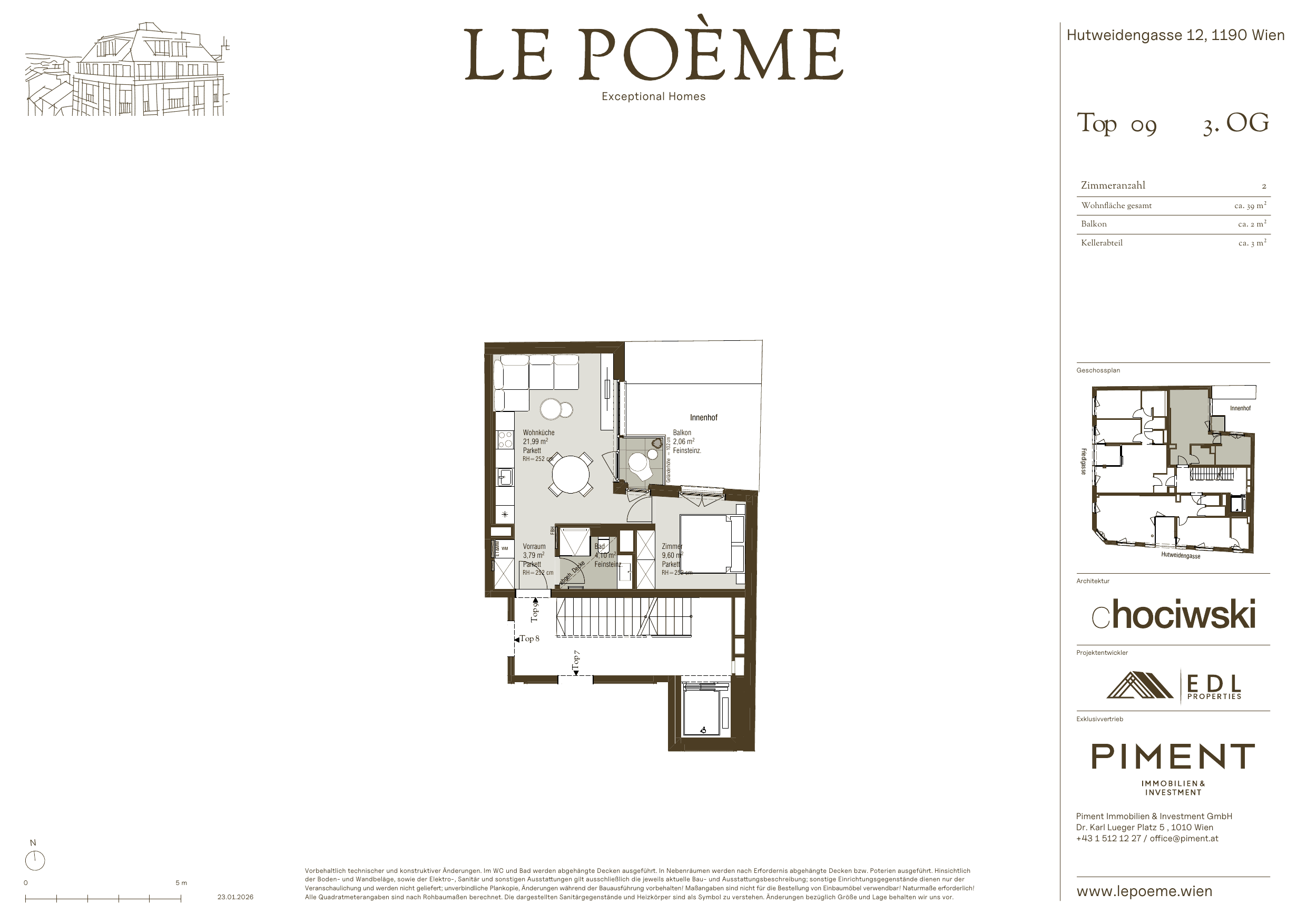 Grundriss Top 9 — Le Poème — 2 Zimmer — 40 m² — 3rd floor — Balkon ca. 2.0 m²