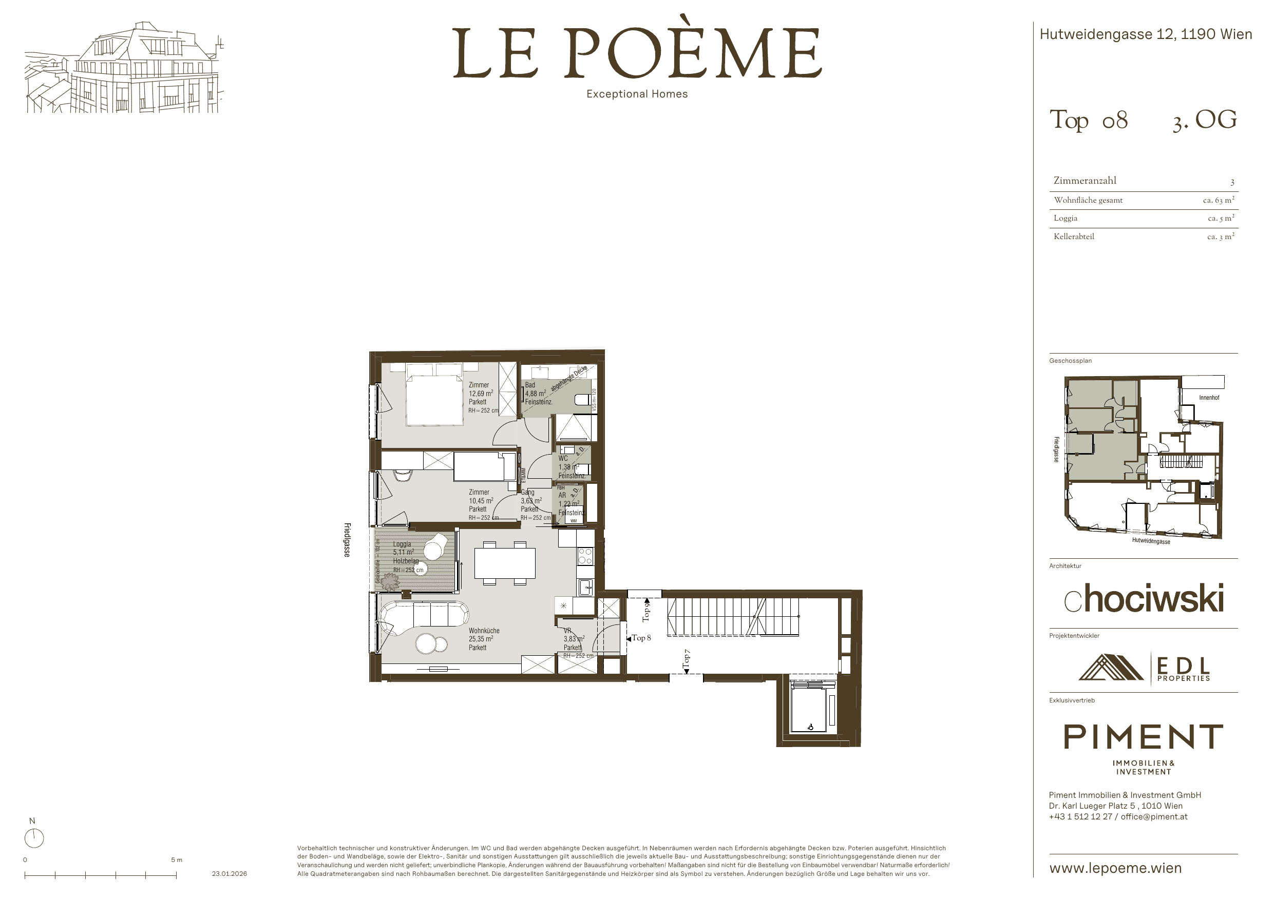 Grundriss Top 8 — Le Poème — 3 Zimmer — 64 m² — 3rd floor — Loggia ca. 5.0 m²