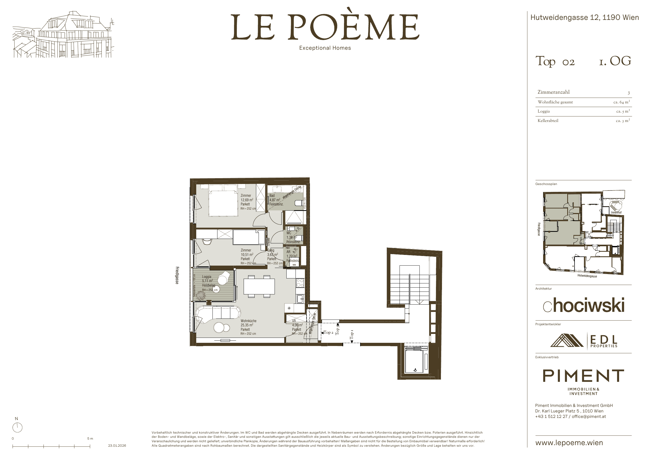 Grundriss Top 2 — Le Poème — 3 Zimmer — 64 m² — 1st floor — Loggia ca. 5.0 m²