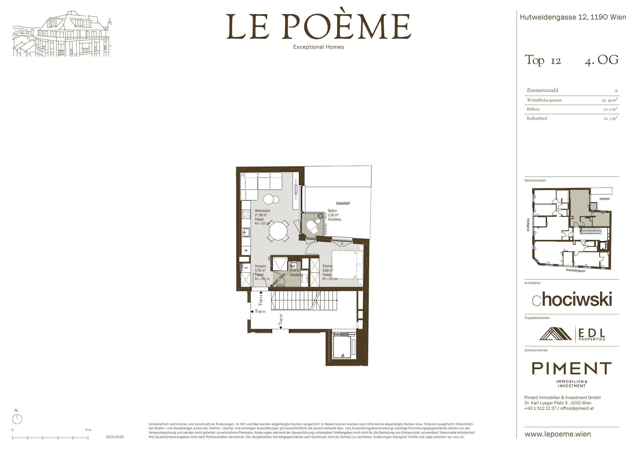 Grundriss Top 12 — Le Poème — 2 Zimmer — 40 m² — 4th floor — Balkon ca. 2.0 m²