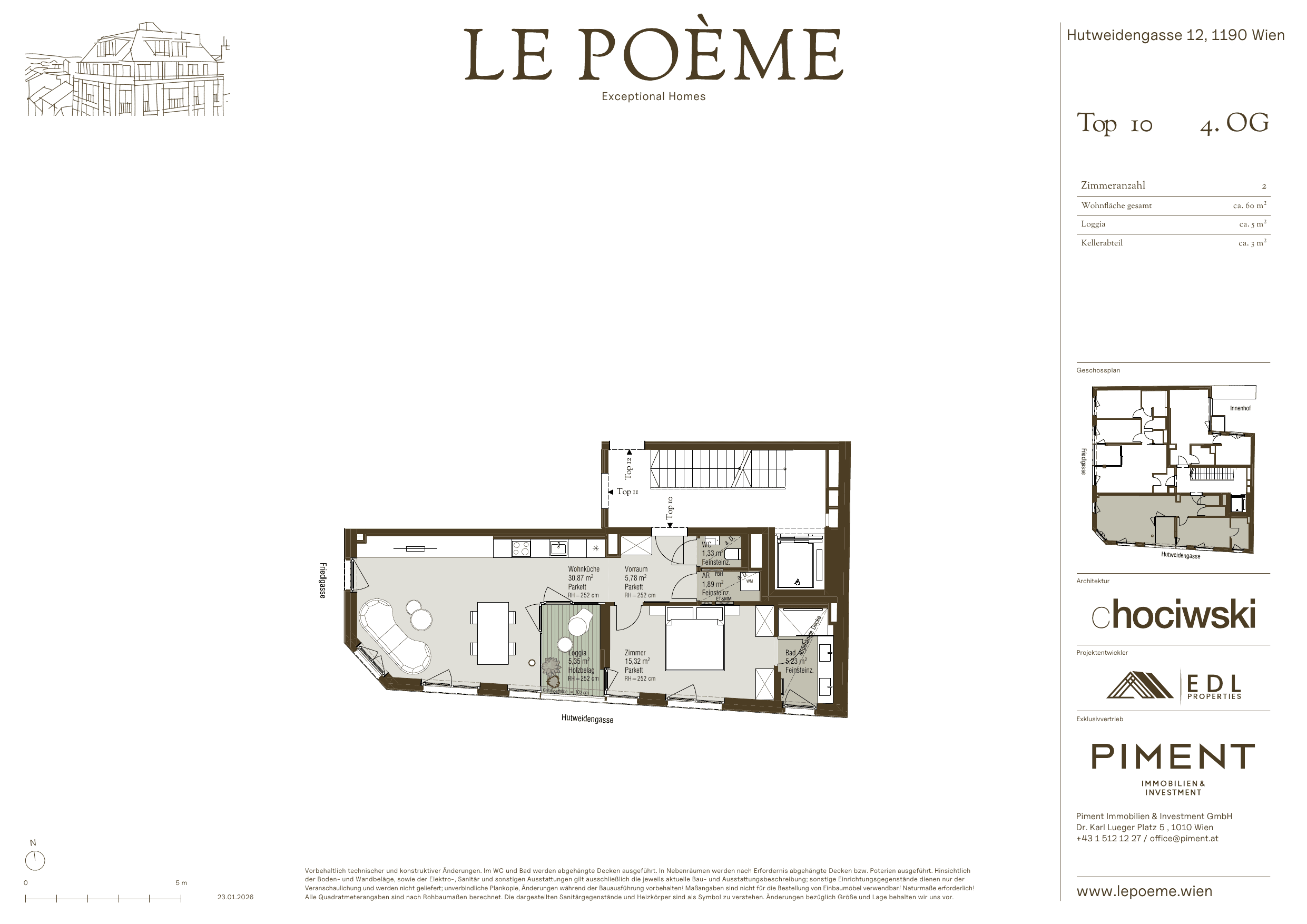Grundriss Top 10 — Le Poème — 2 Zimmer — 60 m² — 4th floor — Loggia ca. 5.0 m²