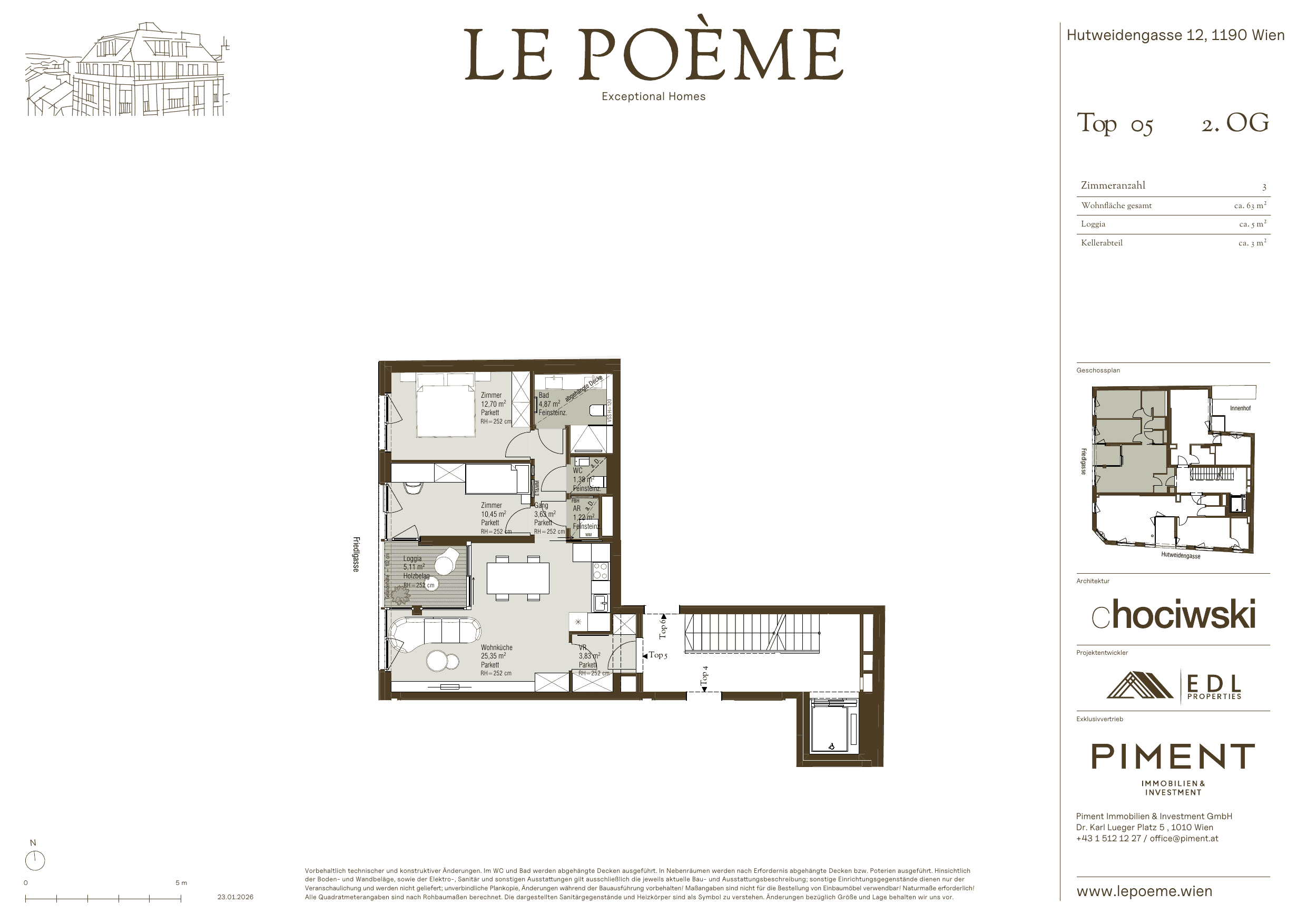 Grundriss Top 5 — Le Poème — 3 Zimmer — 64 m² — 2nd floor — Loggia ca. 5.0 m²