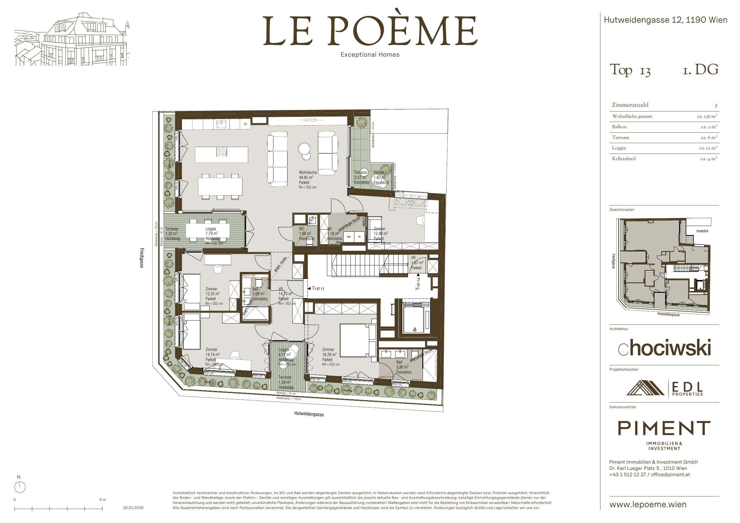 Grundriss Top 13 — Le Poème — 5 Zimmer — 137 m² — 1st attic floor — Loggia ca. 12.0 m², Balkon ca. 2.0 m², Terrasse ca. 6.0 m²