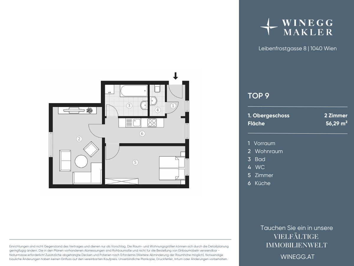 Grundriss Top 9 — Leibenfrostgasse 8 — 2 Zimmer — 56,3 m² — 1st floor — Südost