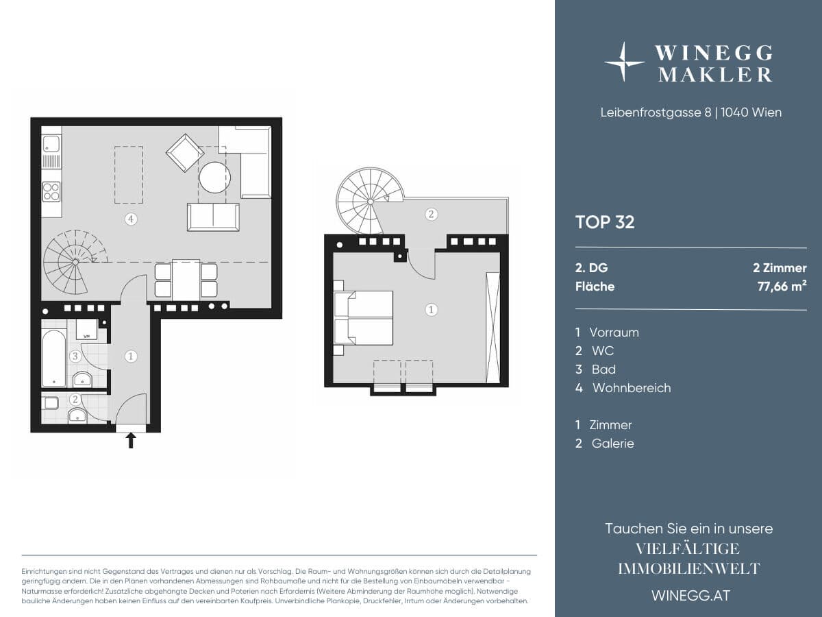 Grundriss Top 32 — Leibenfrostgasse 8 — 2 Zimmer — 77,7 m² — 2nd attic floor — Südost