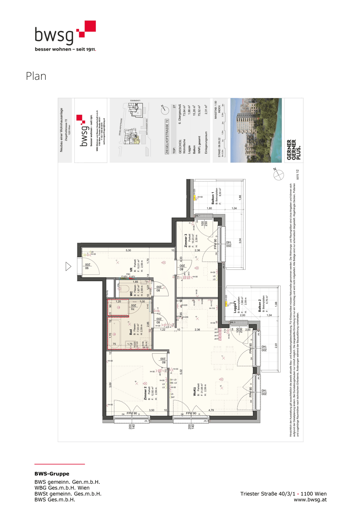 Grundriss Top 27 — Leo am Teich - Wohnen am Wasser — 3 Zimmer — 73,6 m² — 6th floor — Grundriss 1/2