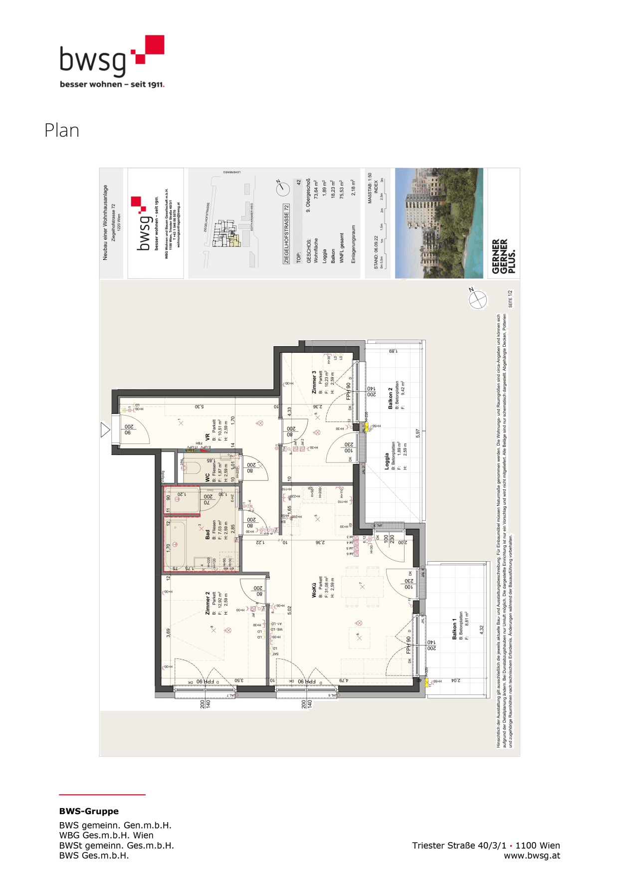 Grundriss Top 42 — Leo am Teich - Wohnen am Wasser — 3 Zimmer — 73,6 m² — 9th floor — Seeblick — Grundriss 1/2