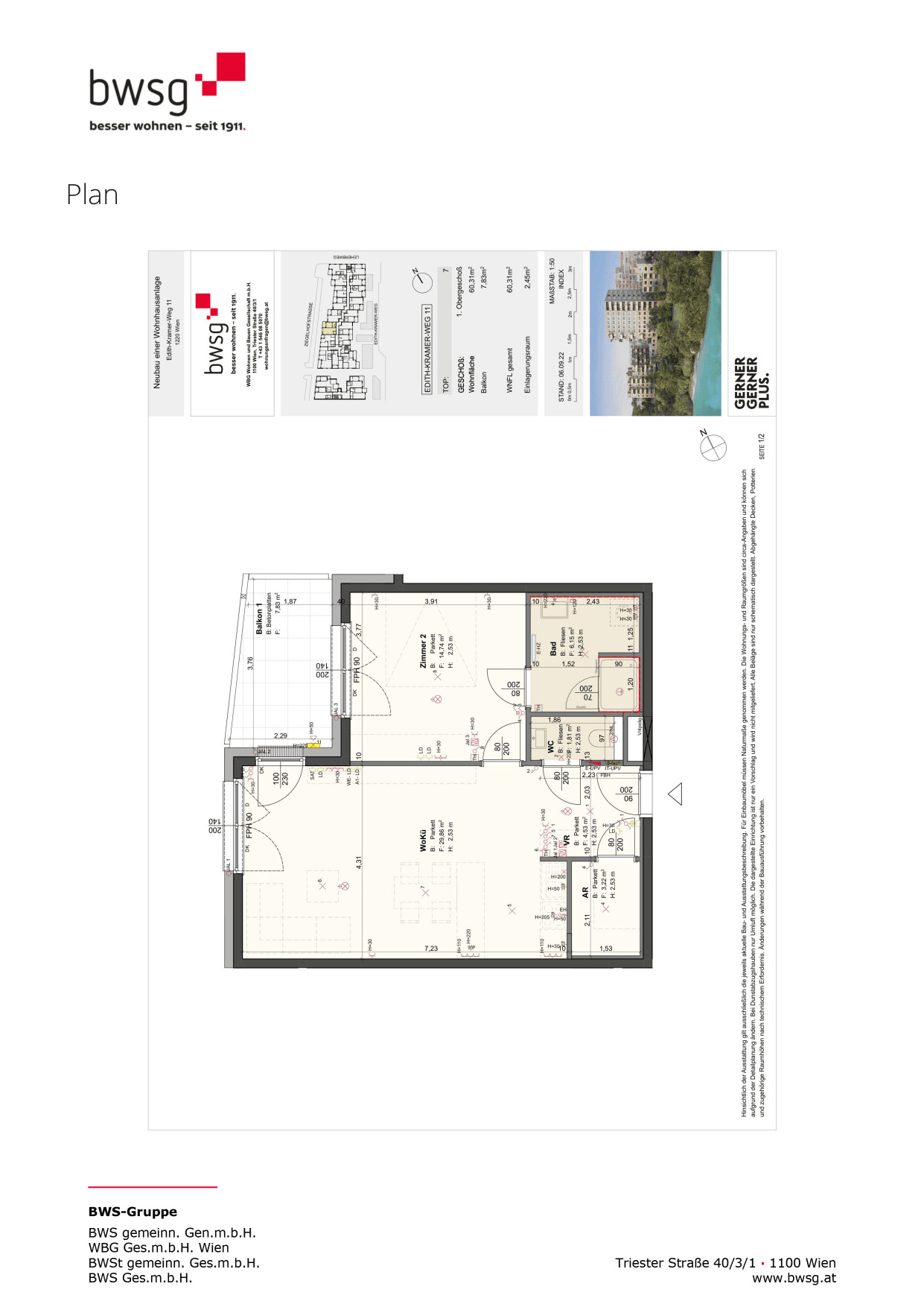 Grundriss Top 7 — Leo am Teich - Wohnen am Wasser — 2 Zimmer — 60,3 m² — 1st floor — Seeblick — Grundriss 1/2